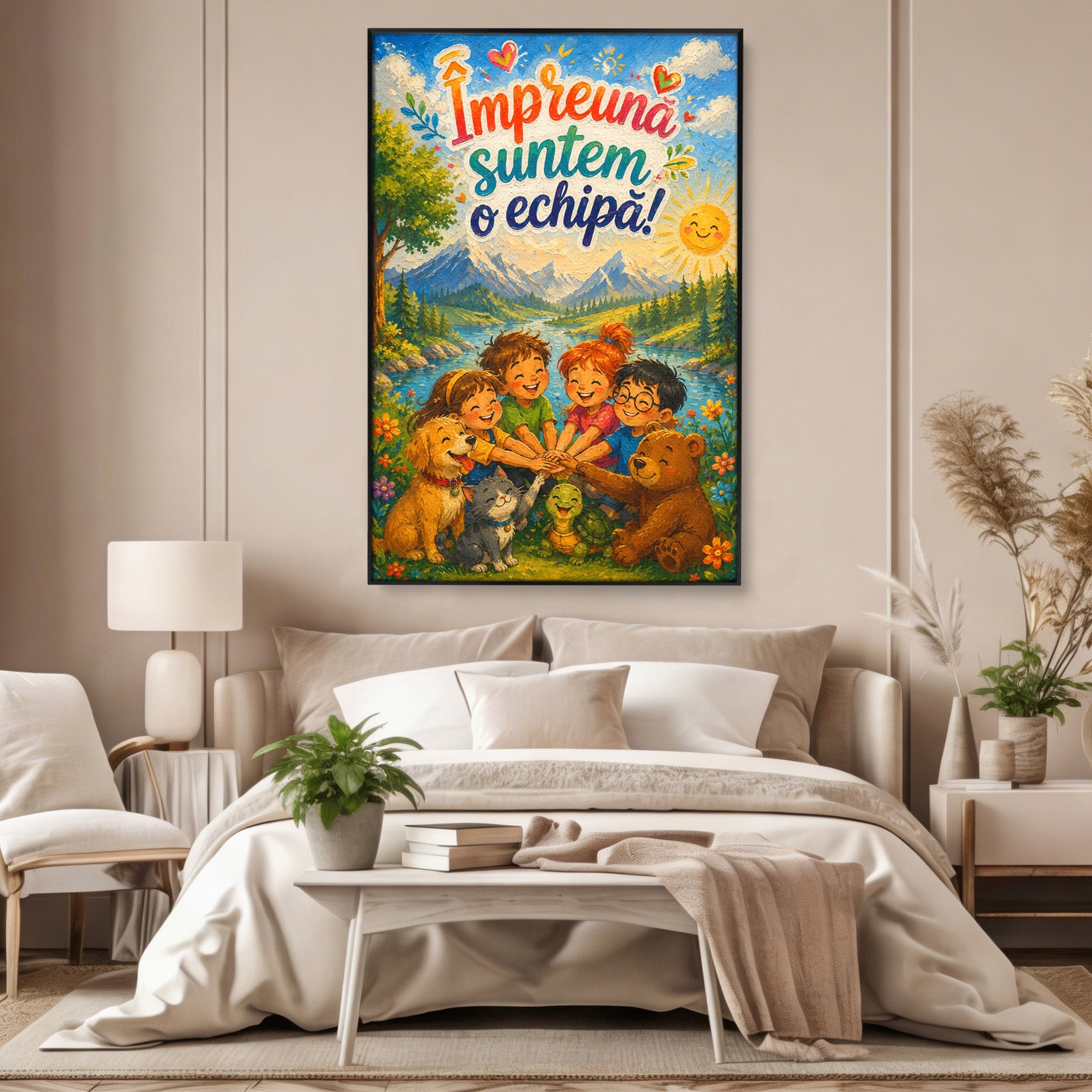 Tablou Canvas Premium LuxCanva® K1098, Impreuna Suntem O Echipa, Copii, Prietenie, Natura, Animale, Living, Culori Vibrante
