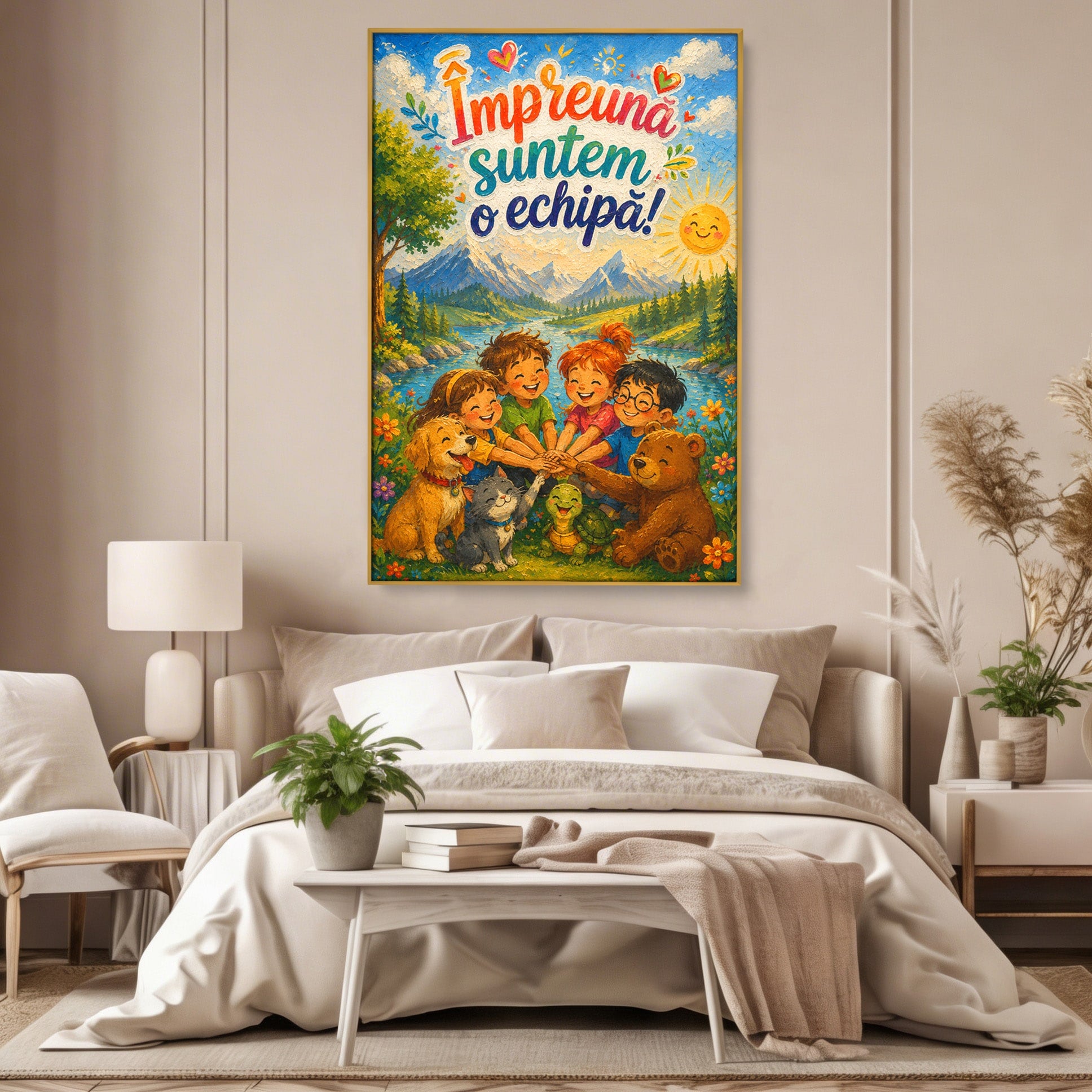 Tablou Canvas Premium LuxCanva® K1098, Impreuna Suntem O Echipa, Copii, Prietenie, Natura, Animale, Living, Culori Vibrante