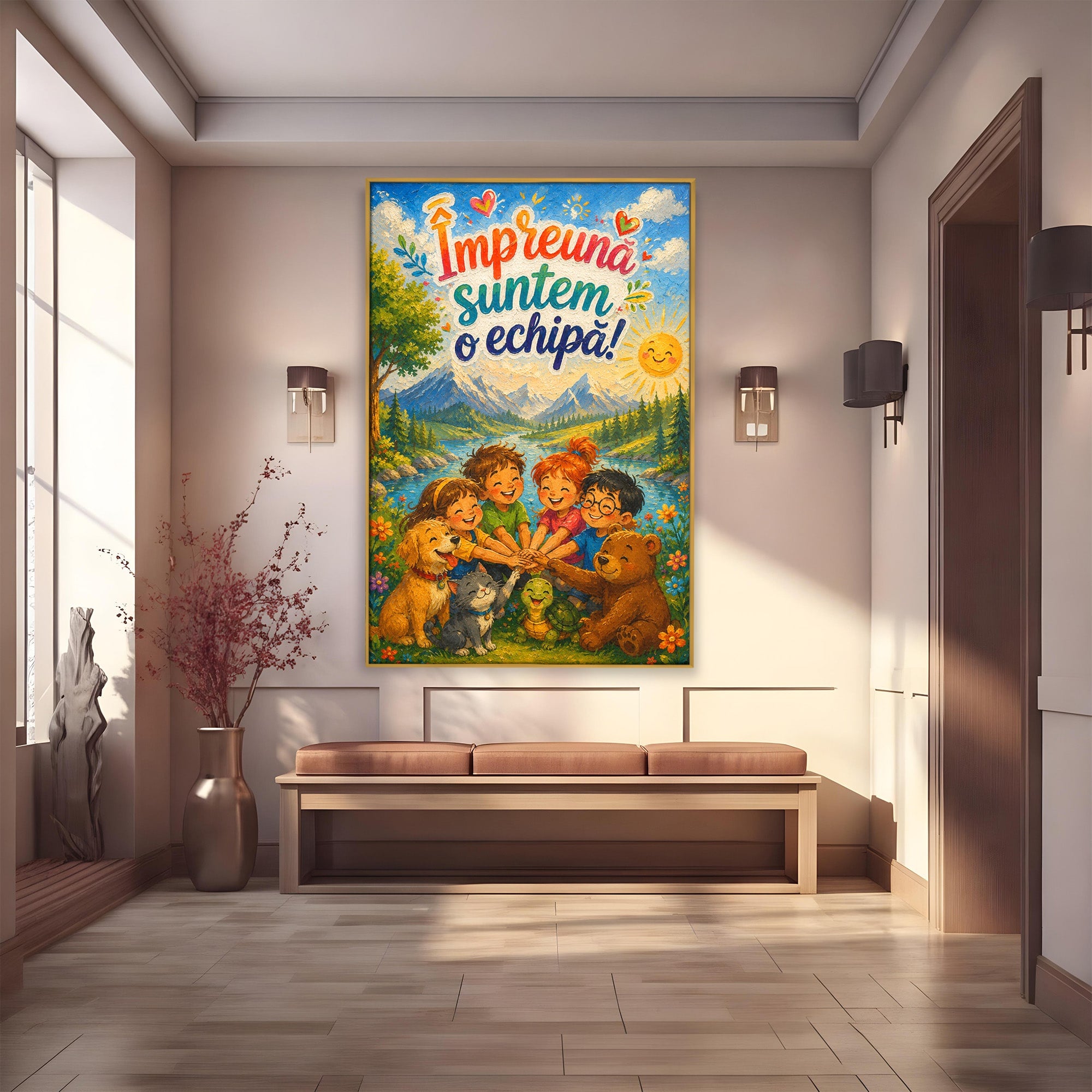 Tablou Canvas Premium LuxCanva® K1098, Impreuna Suntem O Echipa, Copii, Prietenie, Natura, Animale, Living, Culori Vibrante