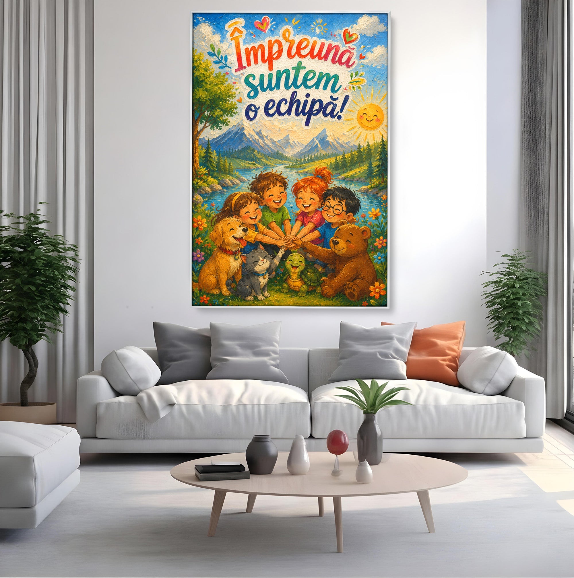 Tablou Canvas Premium LuxCanva® K1098, Impreuna Suntem O Echipa, Copii, Prietenie, Natura, Animale, Living, Culori Vibrante