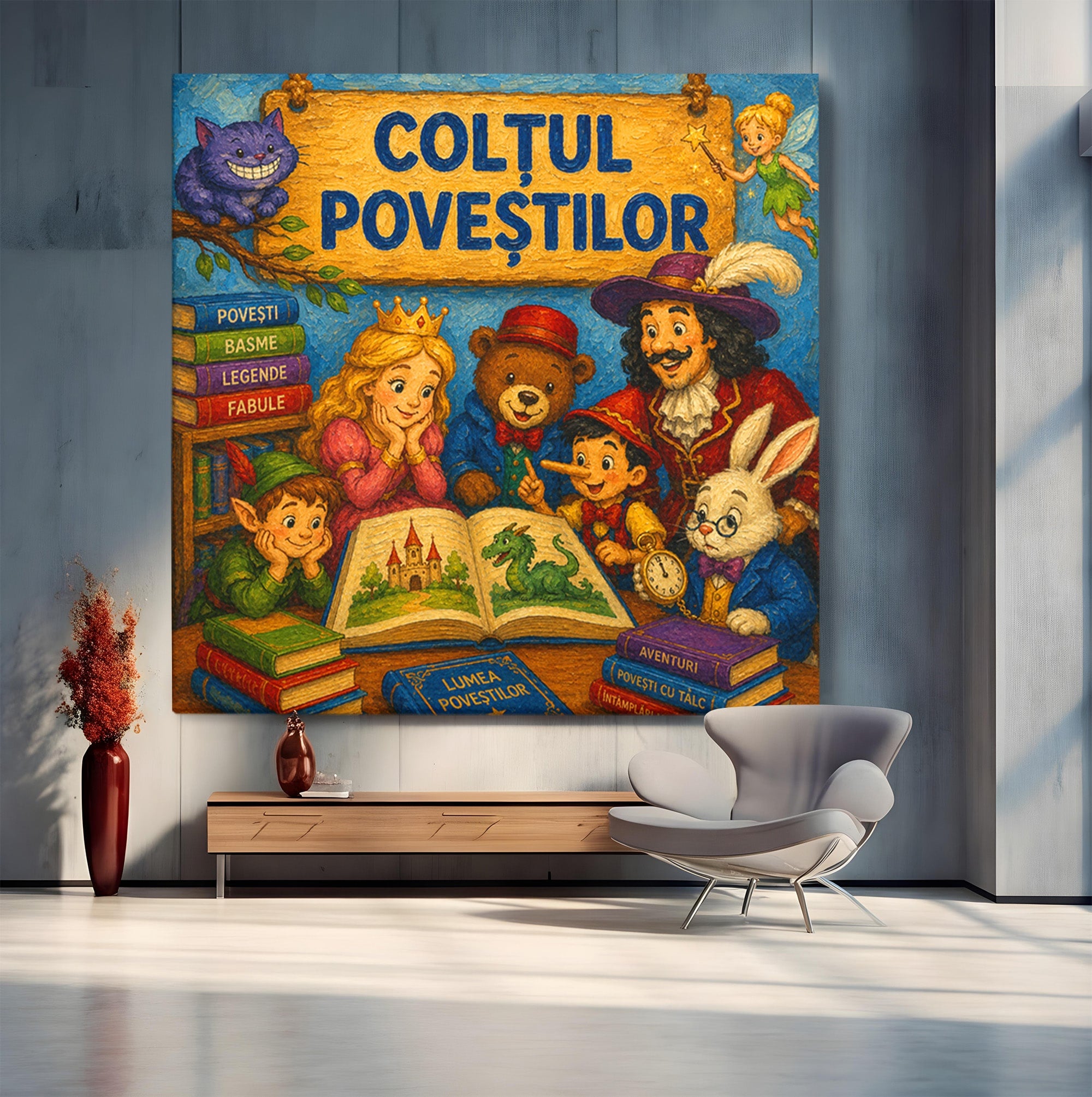 Tablou Canvas Premium LuxCanva® K1099, Coltul Povestilor, Povesti, Personaje, Copii, Imaginatie, Dormitor, Culori Vibrante