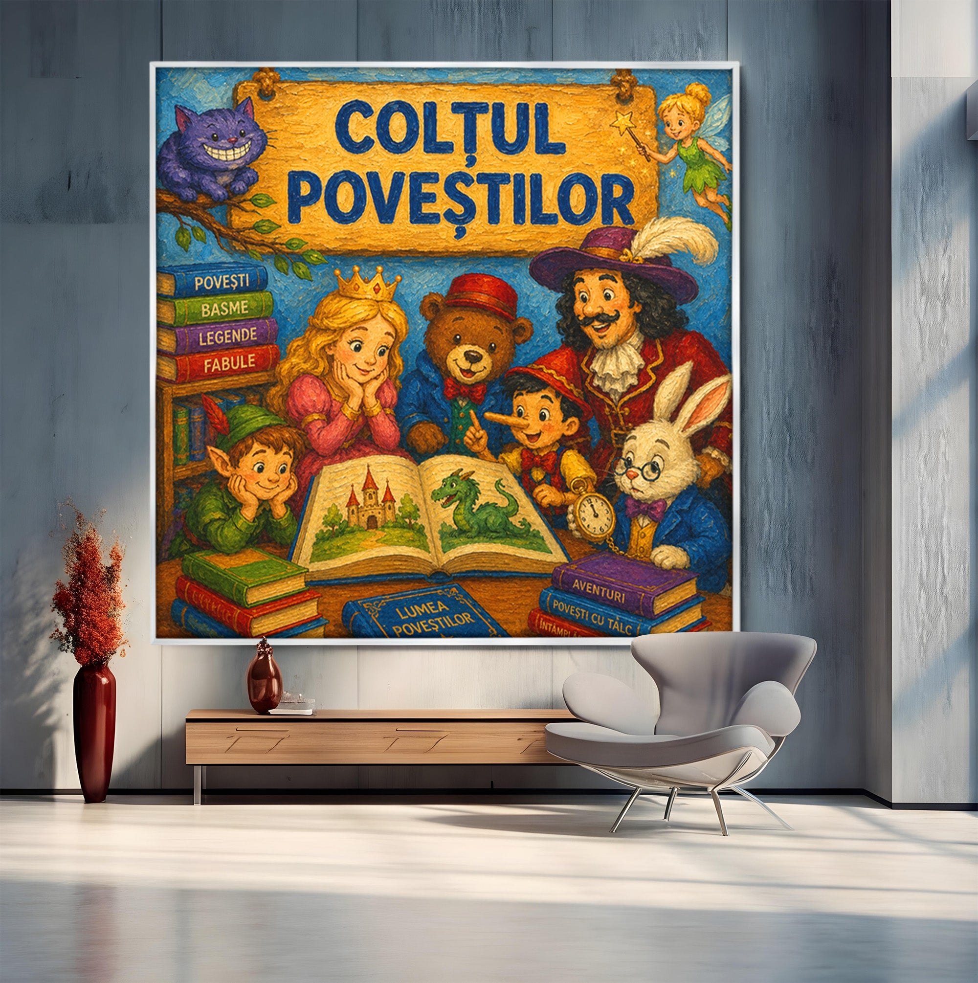 Tablou Canvas Premium LuxCanva® K1099, Coltul Povestilor, Povesti, Personaje, Copii, Imaginatie, Dormitor, Culori Vibrante
