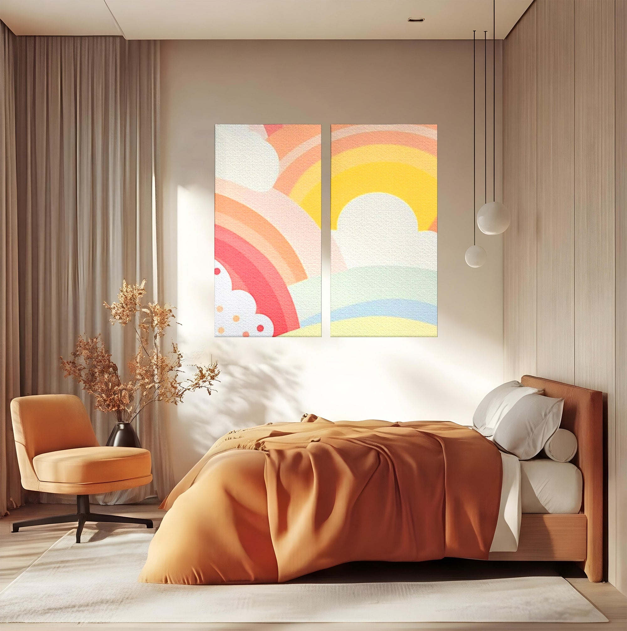 Set 2 Tablouri Canvas Premium LuxCanva® K2-1034, Zambetul Cerului, Pastel, Curcubeu, Nori, Pufosi, Energie, Blandete, Atmosfera, Copilarie, Cer, Poveste, Optimism, Fericire, Camera Copil, Dormitor