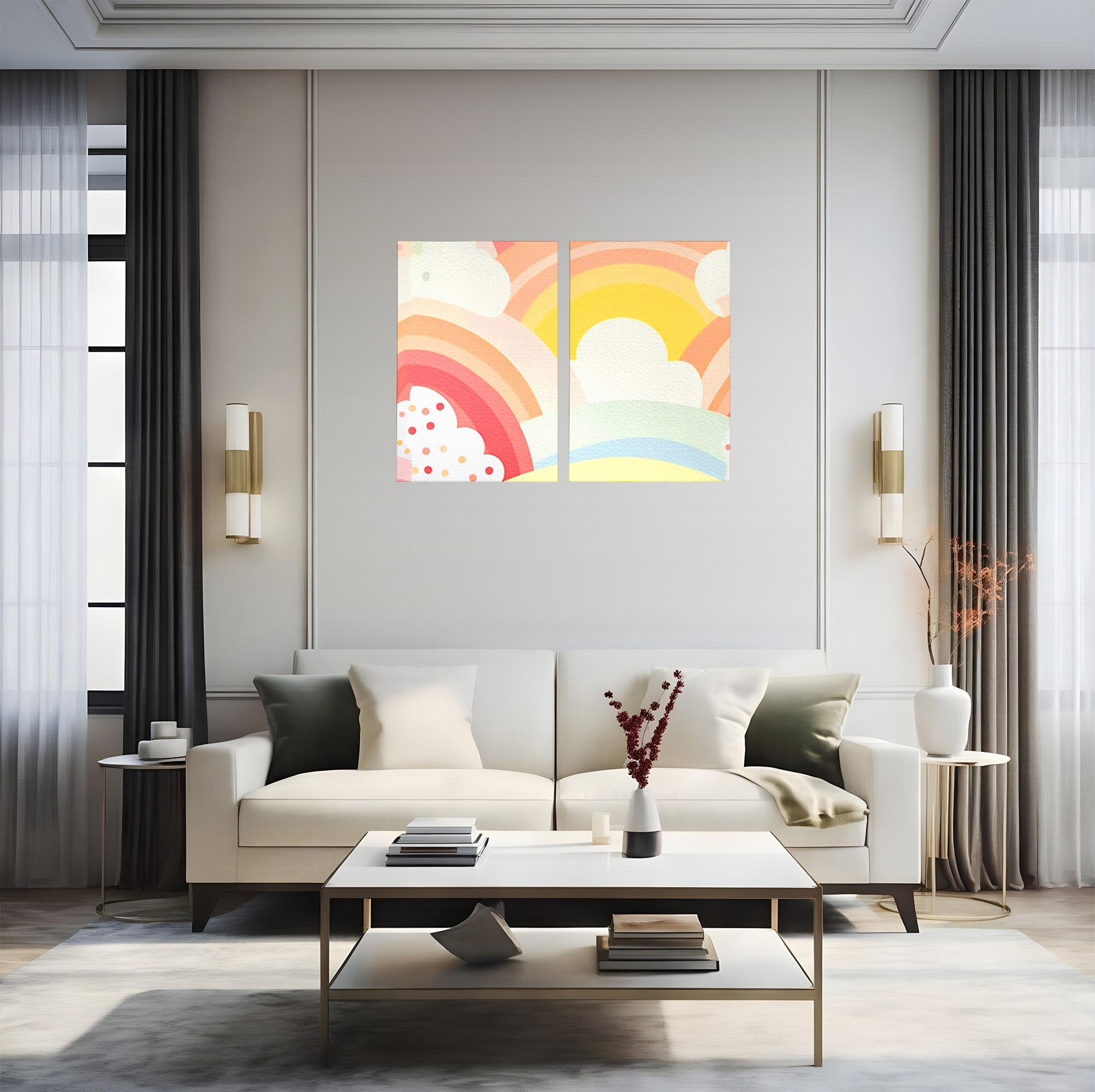 Set 2 Tablouri Canvas Premium LuxCanva® K2-1034, Zambetul Cerului, Pastel, Curcubeu, Nori, Pufosi, Energie, Blandete, Atmosfera, Copilarie, Cer, Poveste, Optimism, Fericire, Camera Copil, Dormitor