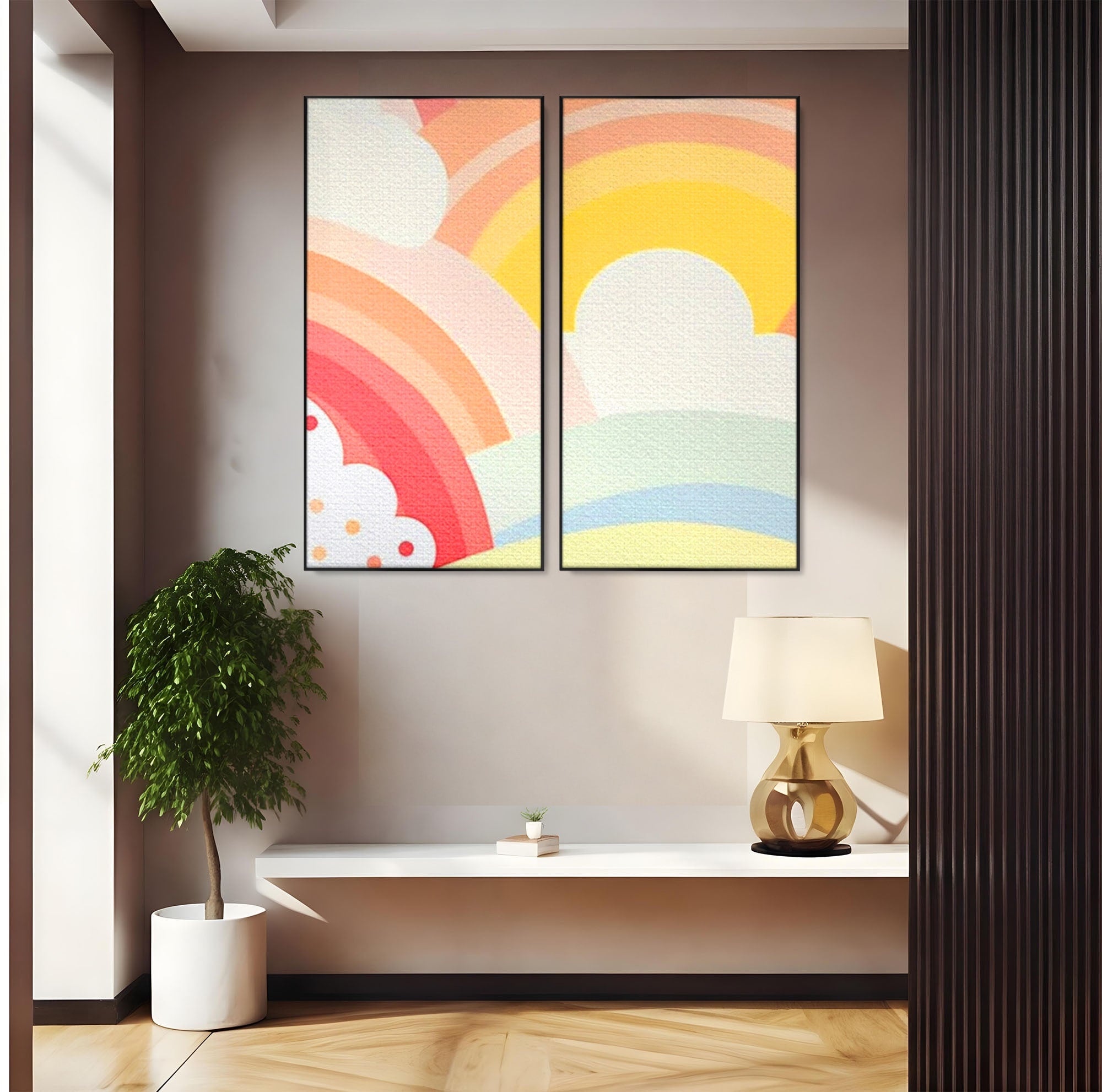 Set 2 Tablouri Canvas Premium LuxCanva® K2-1034, Zambetul Cerului, Pastel, Curcubeu, Nori, Pufosi, Energie, Blandete, Atmosfera, Copilarie, Cer, Poveste, Optimism, Fericire, Camera Copil, Dormitor