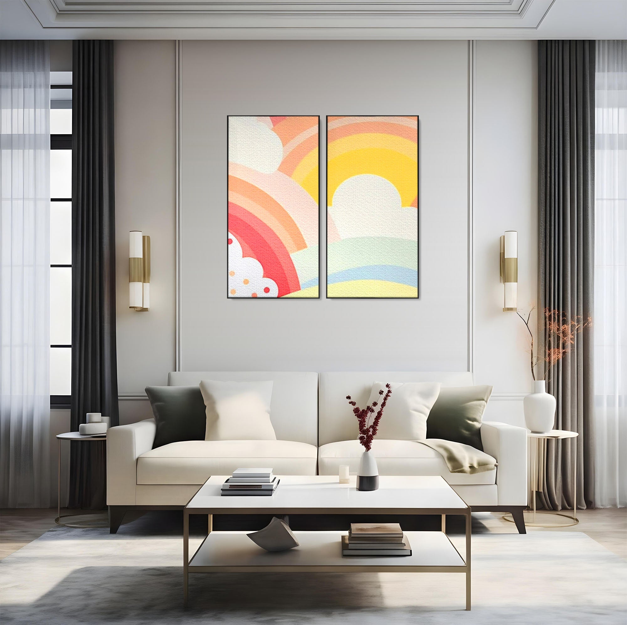 Set 2 Tablouri Canvas Premium LuxCanva® K2-1034, Zambetul Cerului, Pastel, Curcubeu, Nori, Pufosi, Energie, Blandete, Atmosfera, Copilarie, Cer, Poveste, Optimism, Fericire, Camera Copil, Dormitor