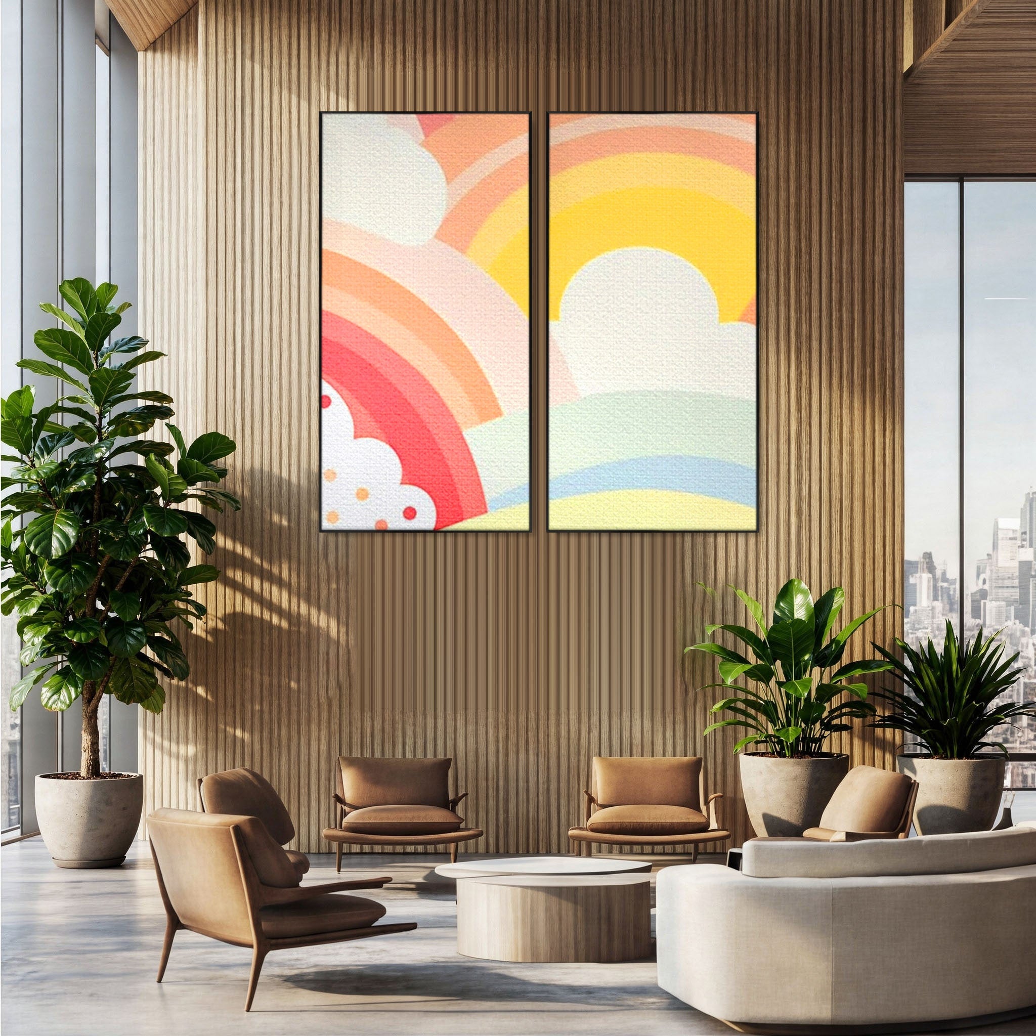 Set 2 Tablouri Canvas Premium LuxCanva® K2-1034, Zambetul Cerului, Pastel, Curcubeu, Nori, Pufosi, Energie, Blandete, Atmosfera, Copilarie, Cer, Poveste, Optimism, Fericire, Camera Copil, Dormitor