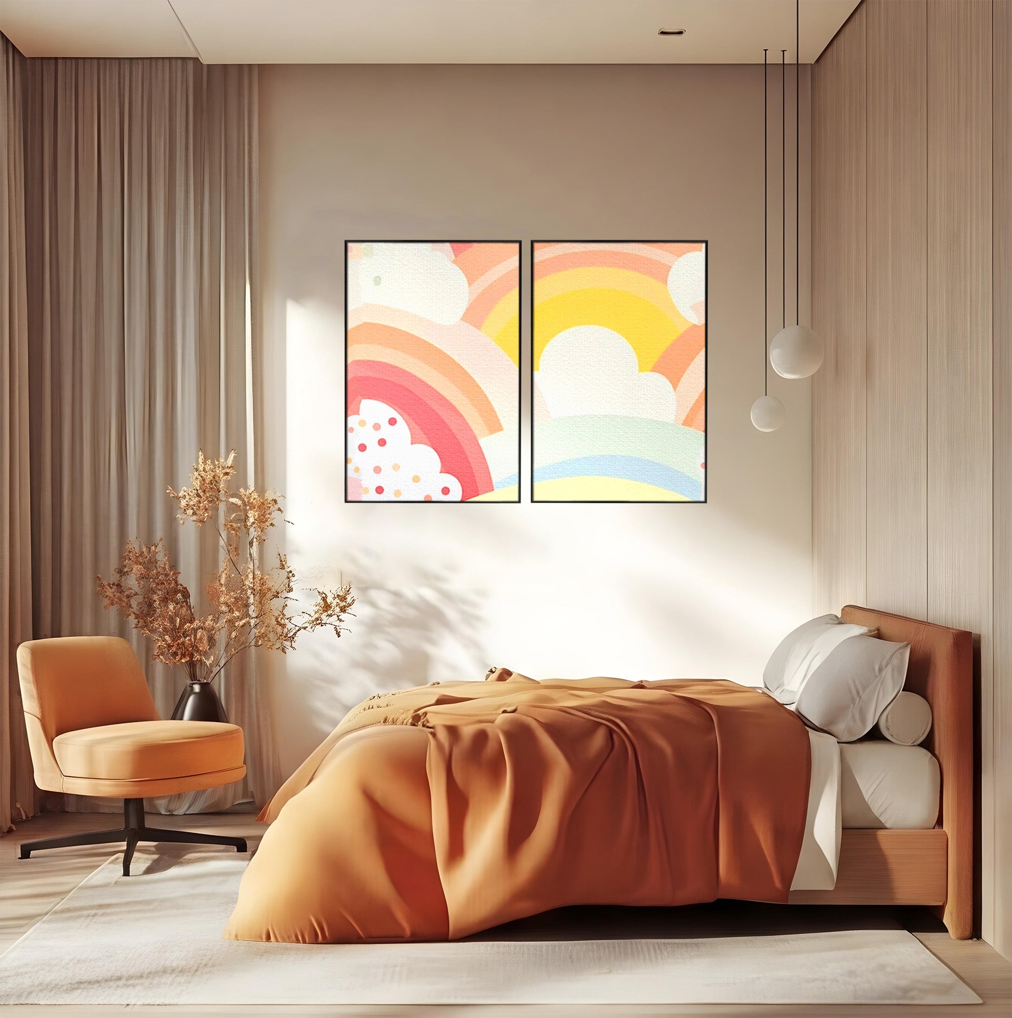 Set 2 Tablouri Canvas Premium LuxCanva® K2-1034, Zambetul Cerului, Pastel, Curcubeu, Nori, Pufosi, Energie, Blandete, Atmosfera, Copilarie, Cer, Poveste, Optimism, Fericire, Camera Copil, Dormitor