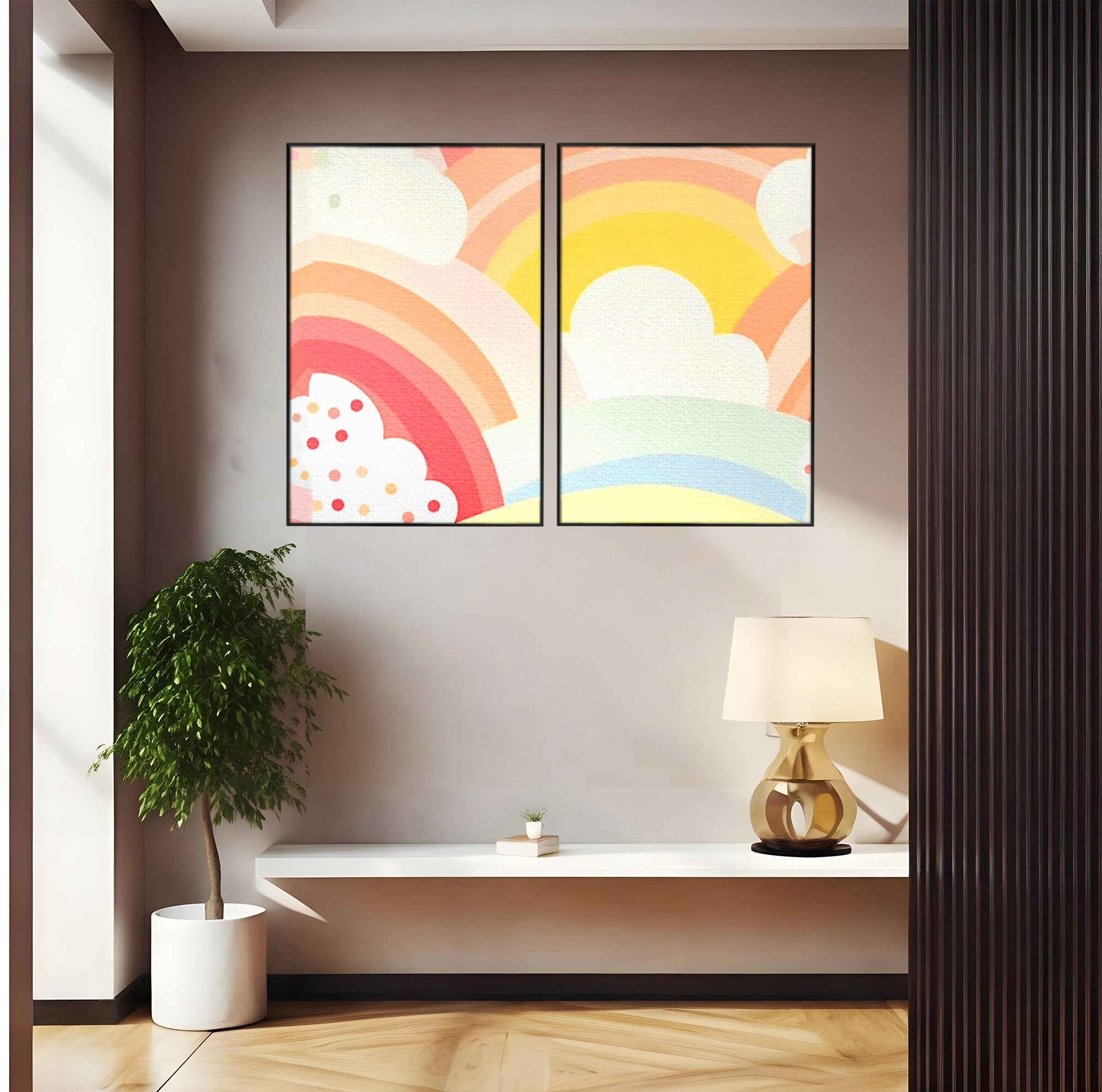 Set 2 Tablouri Canvas Premium LuxCanva® K2-1034, Zambetul Cerului, Pastel, Curcubeu, Nori, Pufosi, Energie, Blandete, Atmosfera, Copilarie, Cer, Poveste, Optimism, Fericire, Camera Copil, Dormitor