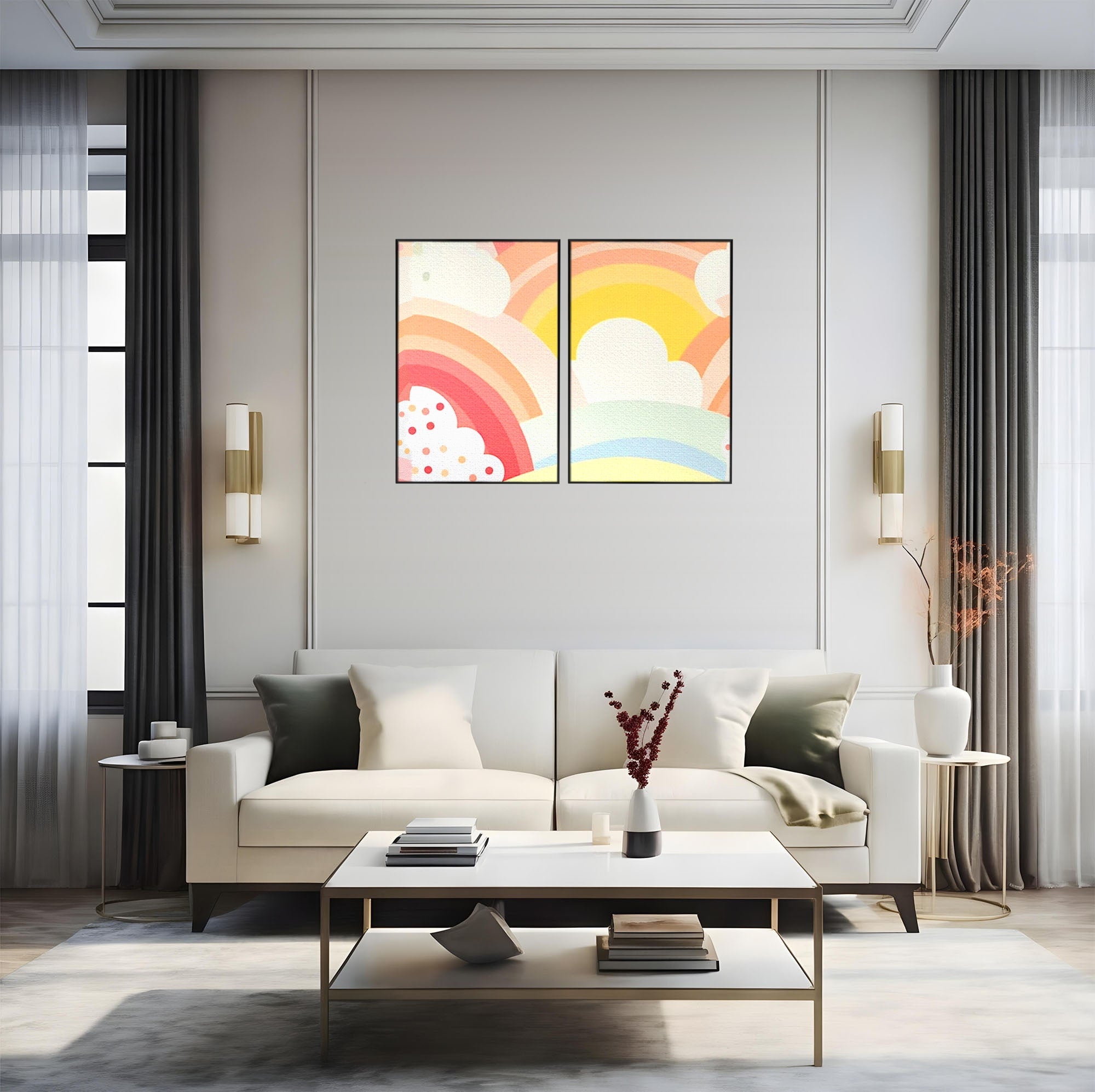 Set 2 Tablouri Canvas Premium LuxCanva® K2-1034, Zambetul Cerului, Pastel, Curcubeu, Nori, Pufosi, Energie, Blandete, Atmosfera, Copilarie, Cer, Poveste, Optimism, Fericire, Camera Copil, Dormitor