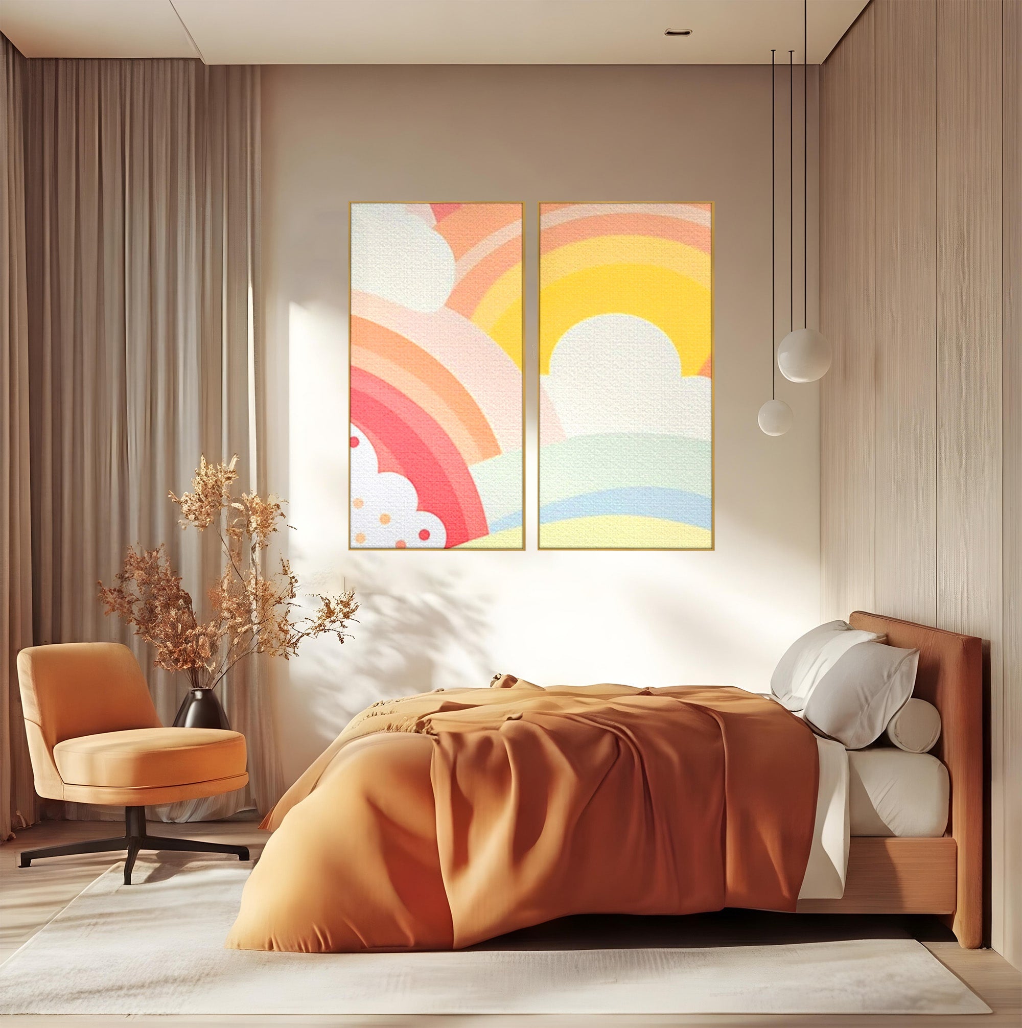 Set 2 Tablouri Canvas Premium LuxCanva® K2-1034, Zambetul Cerului, Pastel, Curcubeu, Nori, Pufosi, Energie, Blandete, Atmosfera, Copilarie, Cer, Poveste, Optimism, Fericire, Camera Copil, Dormitor