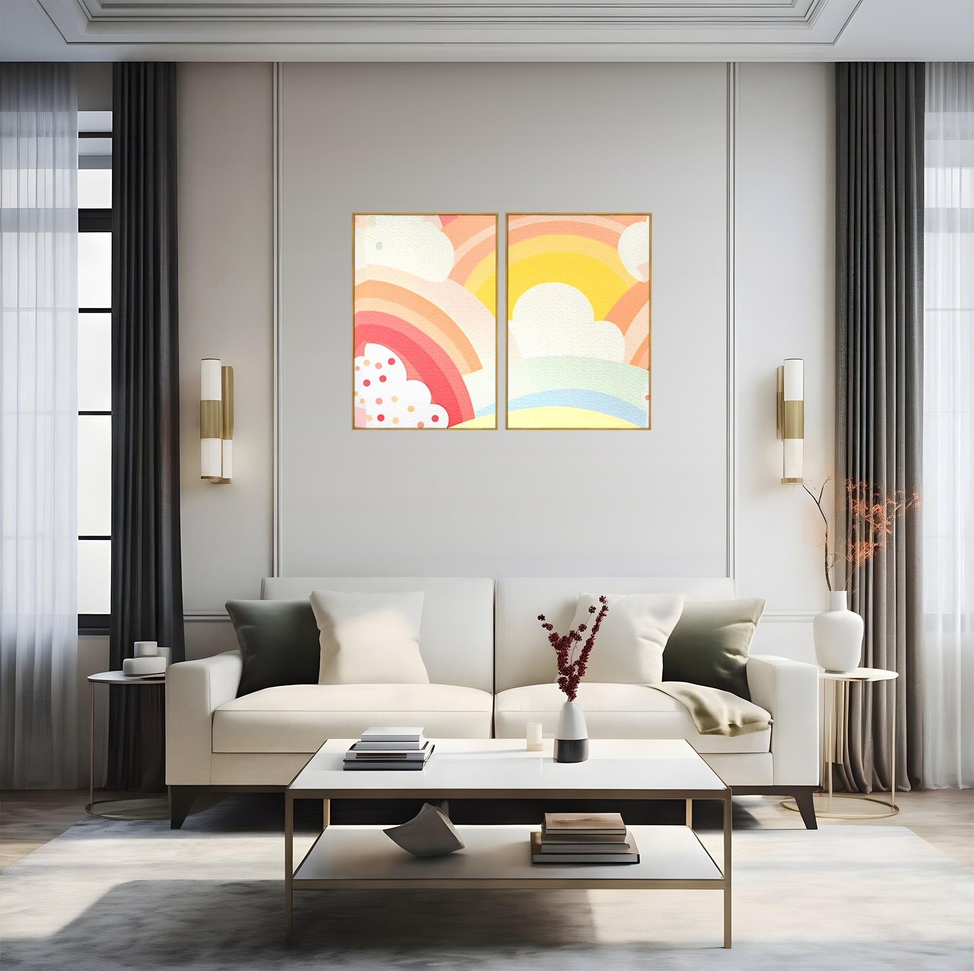 Set 2 Tablouri Canvas Premium LuxCanva® K2-1034, Zambetul Cerului, Pastel, Curcubeu, Nori, Pufosi, Energie, Blandete, Atmosfera, Copilarie, Cer, Poveste, Optimism, Fericire, Camera Copil, Dormitor