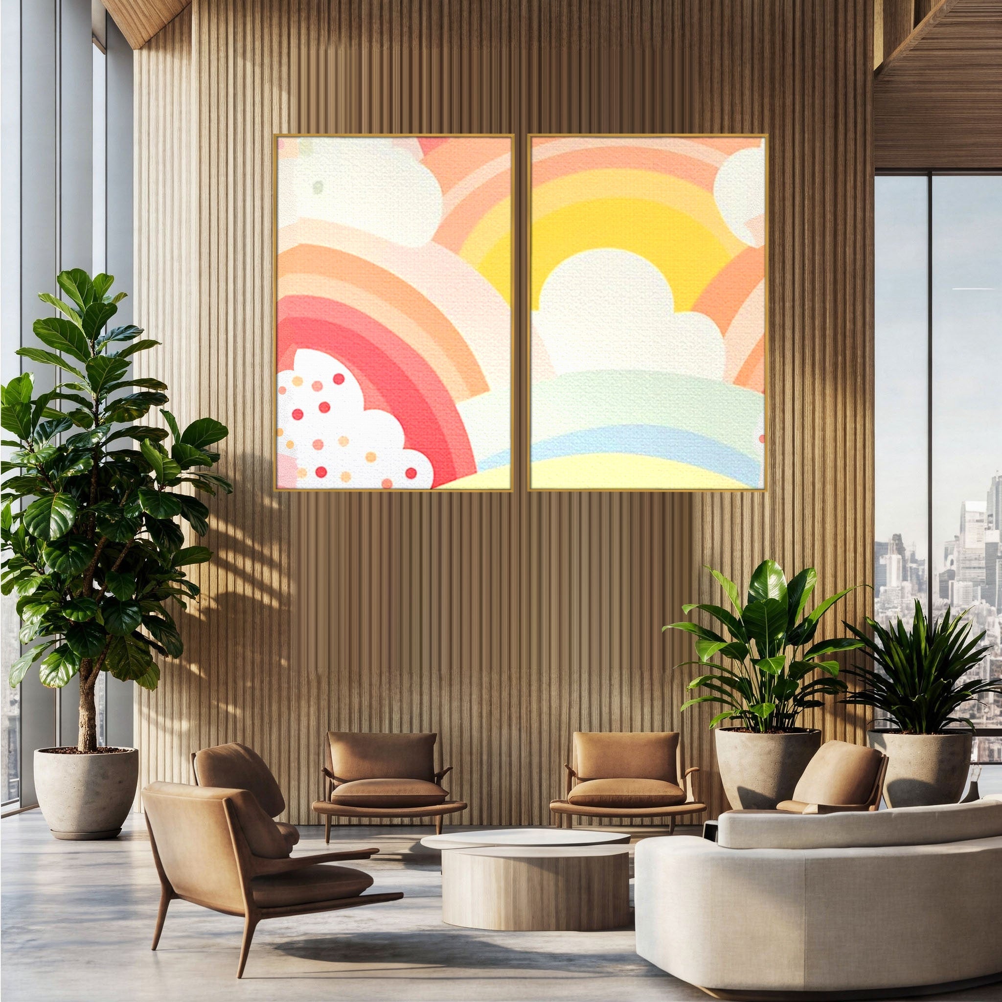 Set 2 Tablouri Canvas Premium LuxCanva® K2-1034, Zambetul Cerului, Pastel, Curcubeu, Nori, Pufosi, Energie, Blandete, Atmosfera, Copilarie, Cer, Poveste, Optimism, Fericire, Camera Copil, Dormitor
