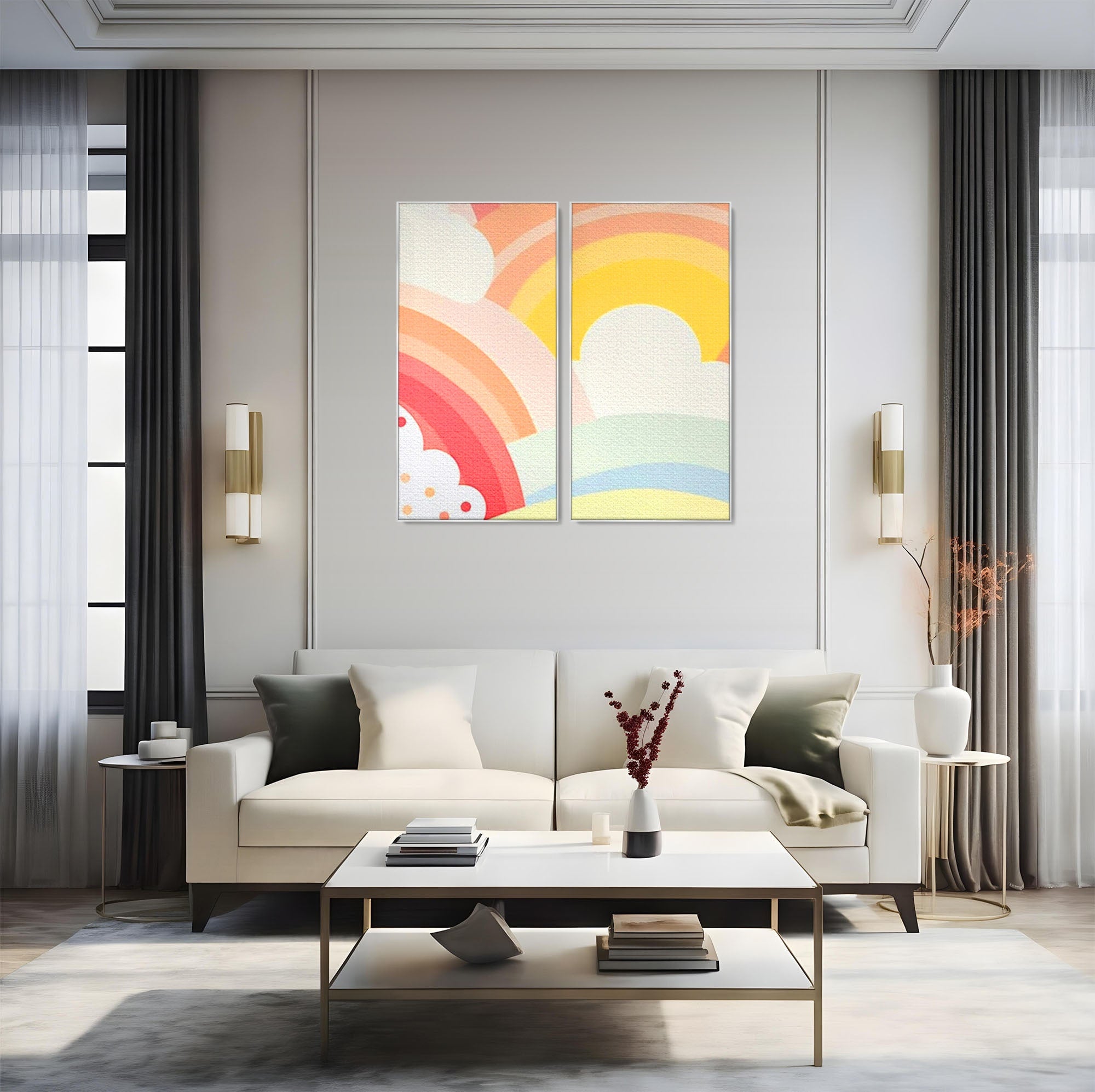 Set 2 Tablouri Canvas Premium LuxCanva® K2-1034, Zambetul Cerului, Pastel, Curcubeu, Nori, Pufosi, Energie, Blandete, Atmosfera, Copilarie, Cer, Poveste, Optimism, Fericire, Camera Copil, Dormitor