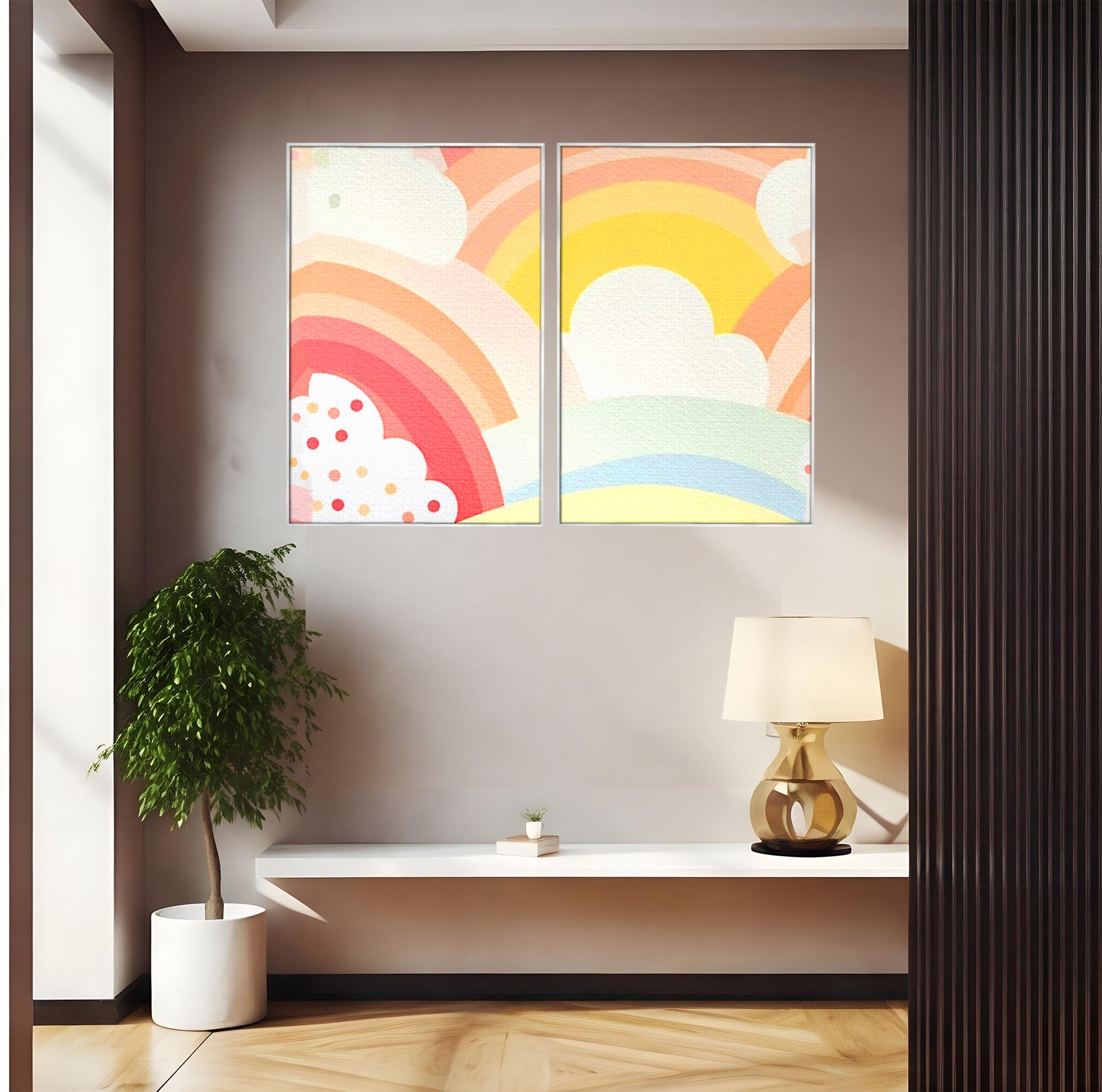 Set 2 Tablouri Canvas Premium LuxCanva® K2-1034, Zambetul Cerului, Pastel, Curcubeu, Nori, Pufosi, Energie, Blandete, Atmosfera, Copilarie, Cer, Poveste, Optimism, Fericire, Camera Copil, Dormitor