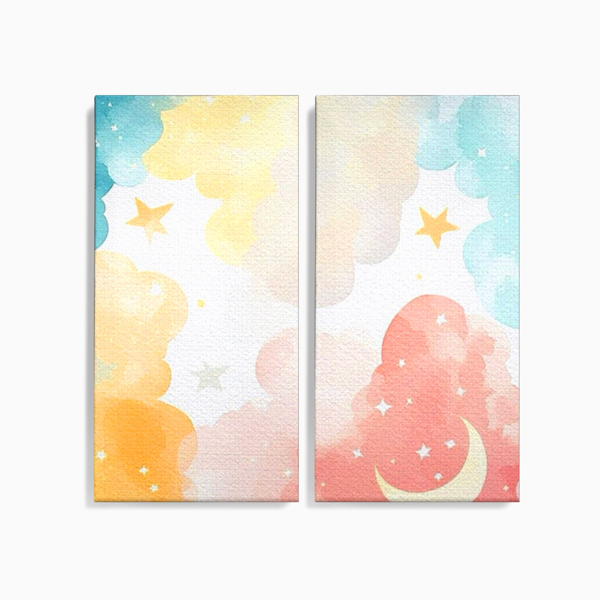 Set 2 Tablouri Canvas Premium LuxCanva® K2-1040, Norii Care Canta Stele, Somn, Usor, Vise, Pastel, Cer, Curcubeu, Ploaie, Pufos, Magie, Luna, Fantezie, Taram, Basm, Frumusete, Camera Copil, Dormitor