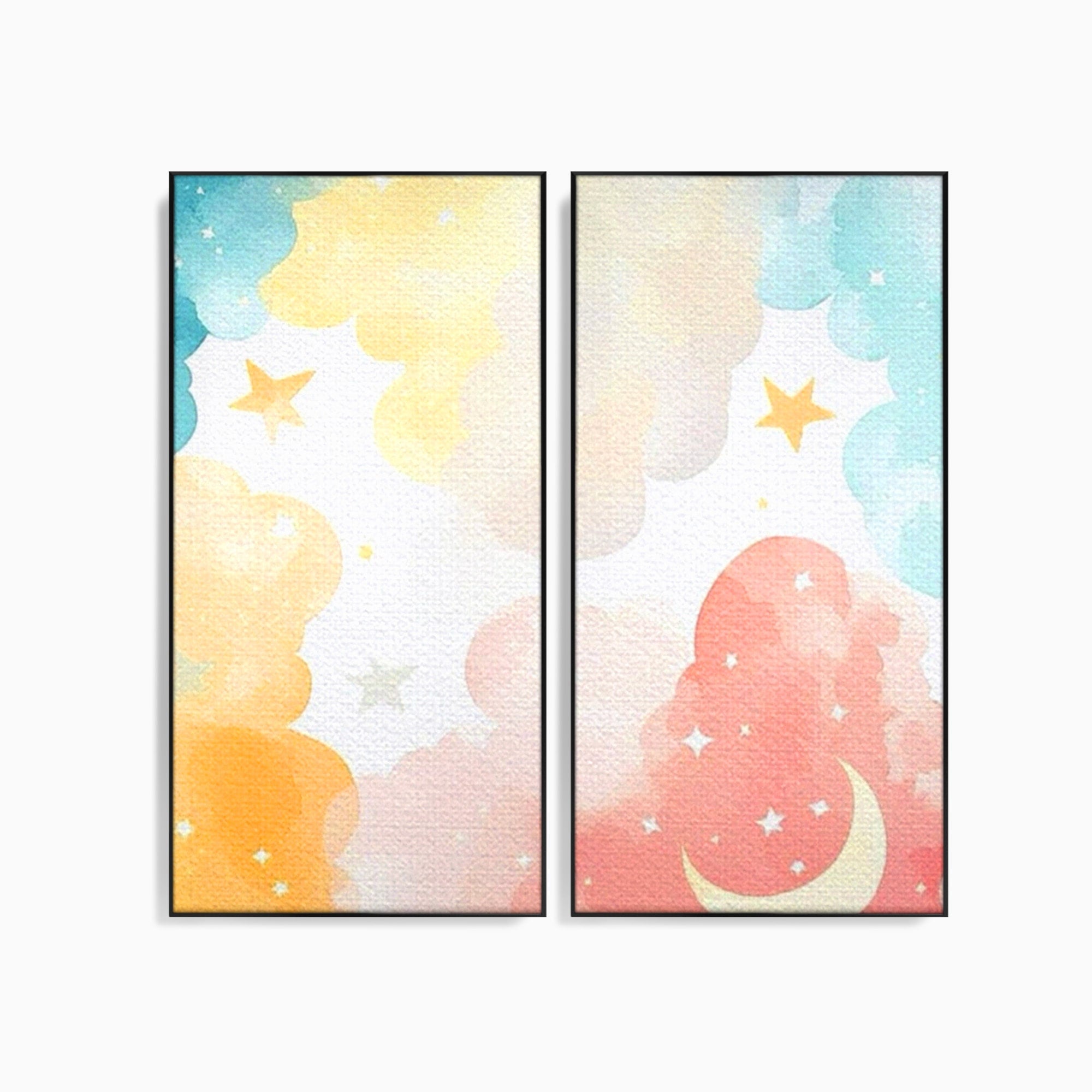 Set 2 Tablouri Canvas Premium LuxCanva® K2-1040, Norii Care Canta Stele, Somn, Usor, Vise, Pastel, Cer, Curcubeu, Ploaie, Pufos, Magie, Luna, Fantezie, Taram, Basm, Frumusete, Camera Copil, Dormitor