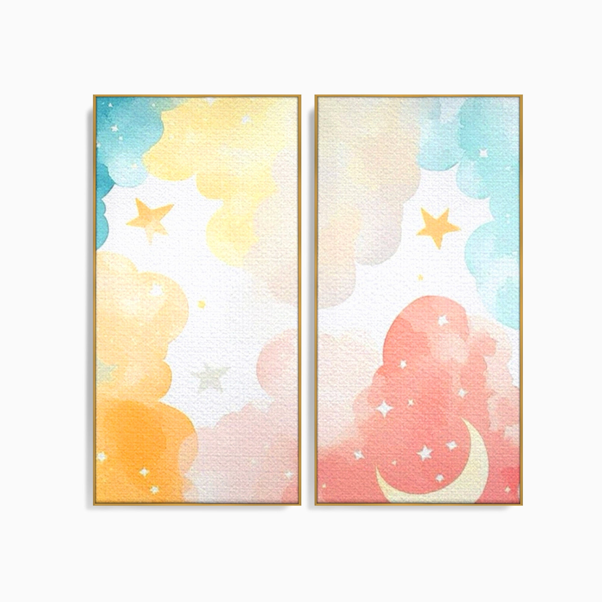 Set 2 Tablouri Canvas Premium LuxCanva® K2-1040, Norii Care Canta Stele, Somn, Usor, Vise, Pastel, Cer, Curcubeu, Ploaie, Pufos, Magie, Luna, Fantezie, Taram, Basm, Frumusete, Camera Copil, Dormitor