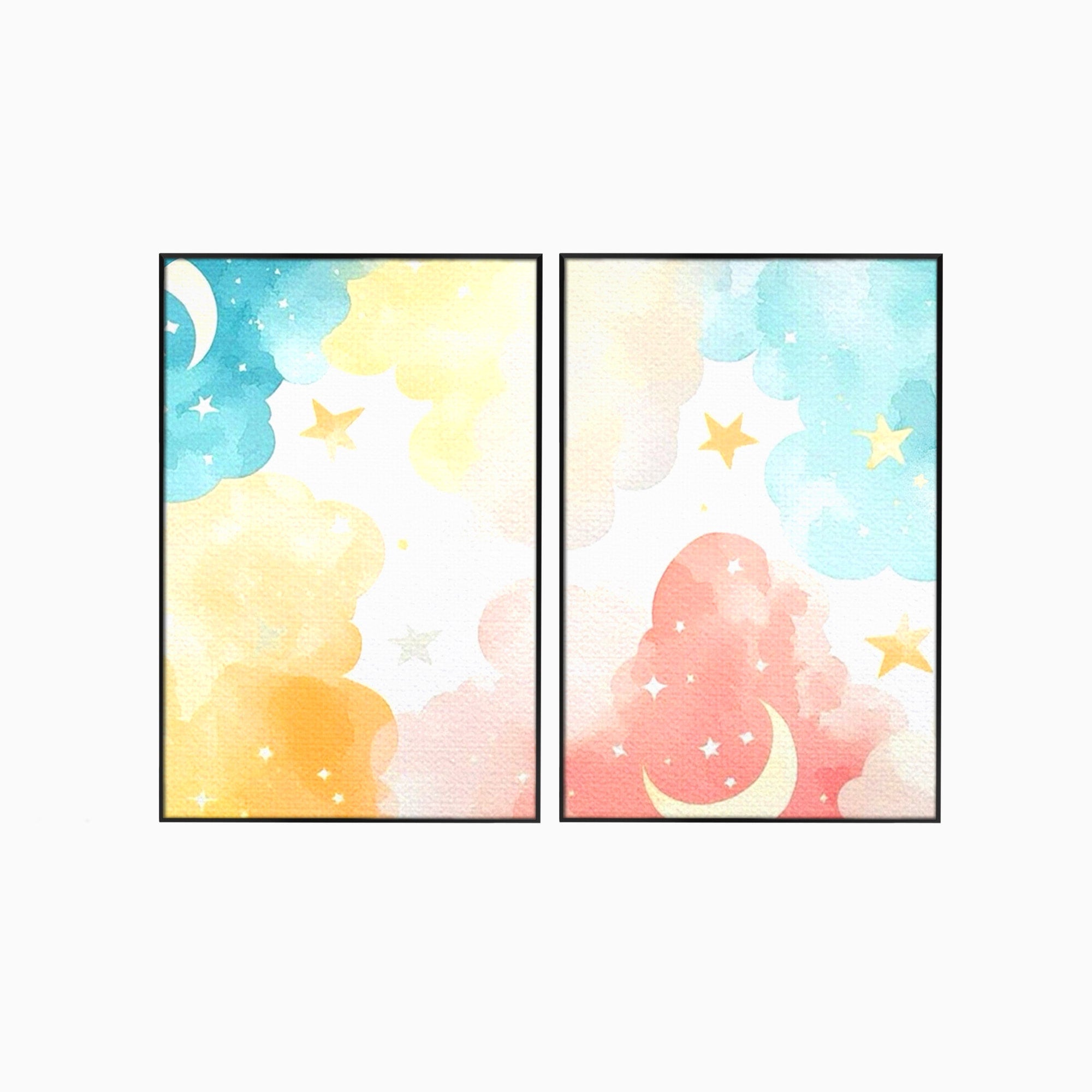 Set 2 Tablouri Canvas Premium LuxCanva® K2-1040, Norii Care Canta Stele, Somn, Usor, Vise, Pastel, Cer, Curcubeu, Ploaie, Pufos, Magie, Luna, Fantezie, Taram, Basm, Frumusete, Camera Copil, Dormitor