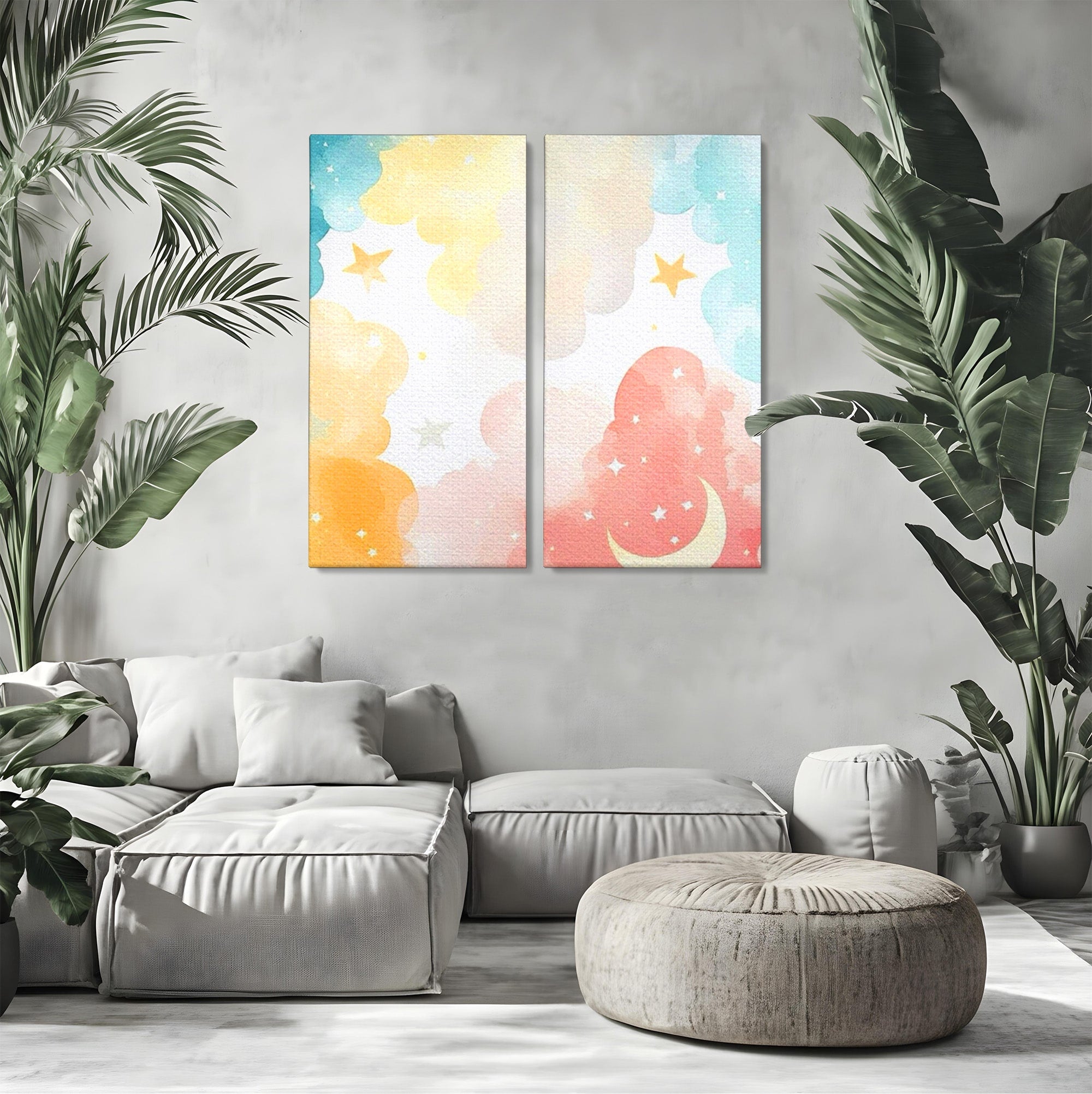 Set 2 Tablouri Canvas Premium LuxCanva® K2-1040, Norii Care Canta Stele, Somn, Usor, Vise, Pastel, Cer, Curcubeu, Ploaie, Pufos, Magie, Luna, Fantezie, Taram, Basm, Frumusete, Camera Copil, Dormitor