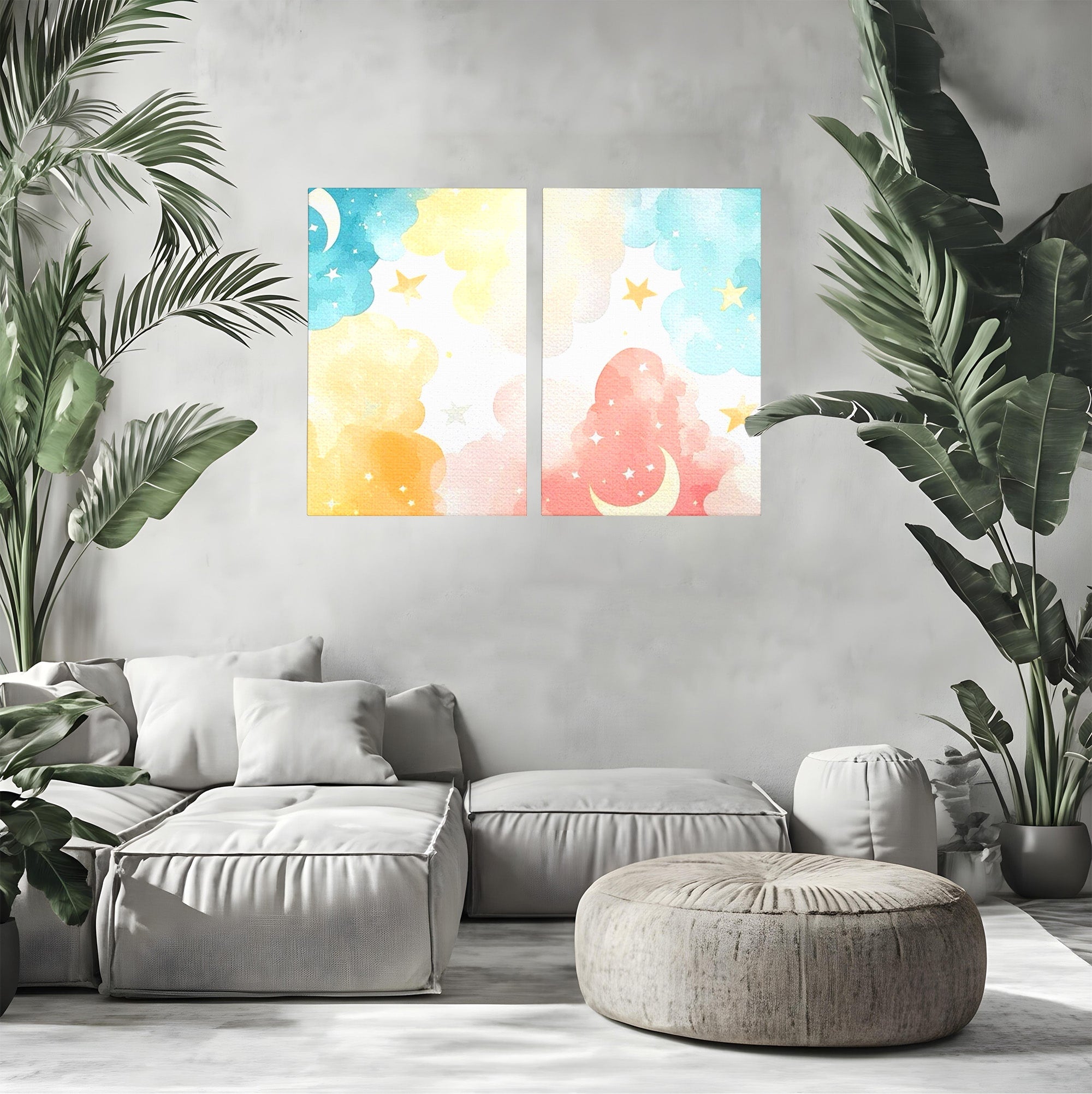 Set 2 Tablouri Canvas Premium LuxCanva® K2-1040, Norii Care Canta Stele, Somn, Usor, Vise, Pastel, Cer, Curcubeu, Ploaie, Pufos, Magie, Luna, Fantezie, Taram, Basm, Frumusete, Camera Copil, Dormitor