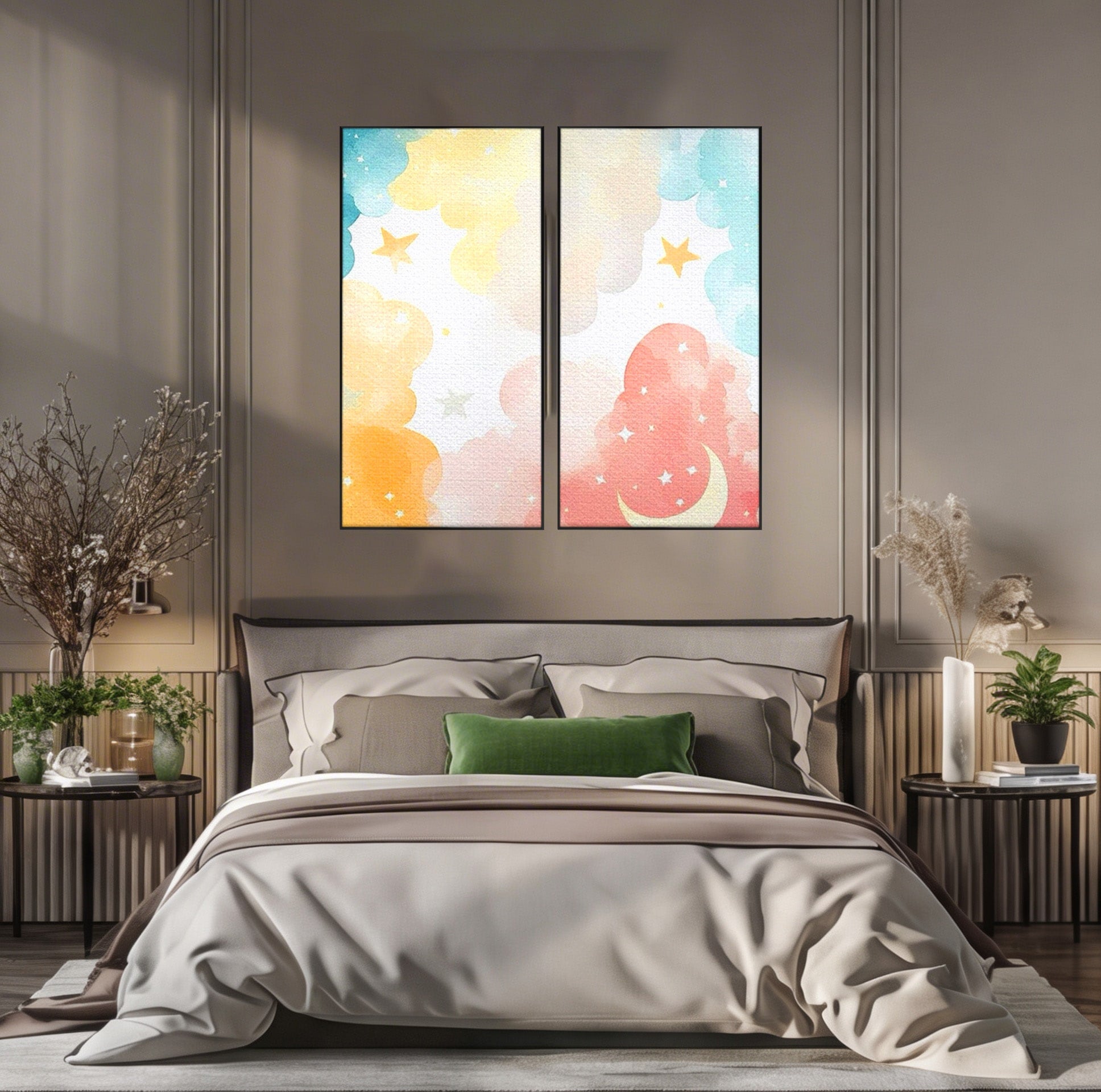 Set 2 Tablouri Canvas Premium LuxCanva® K2-1040, Norii Care Canta Stele, Somn, Usor, Vise, Pastel, Cer, Curcubeu, Ploaie, Pufos, Magie, Luna, Fantezie, Taram, Basm, Frumusete, Camera Copil, Dormitor