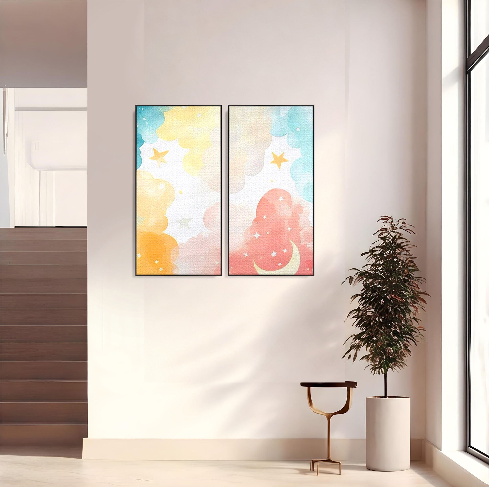 Set 2 Tablouri Canvas Premium LuxCanva® K2-1040, Norii Care Canta Stele, Somn, Usor, Vise, Pastel, Cer, Curcubeu, Ploaie, Pufos, Magie, Luna, Fantezie, Taram, Basm, Frumusete, Camera Copil, Dormitor