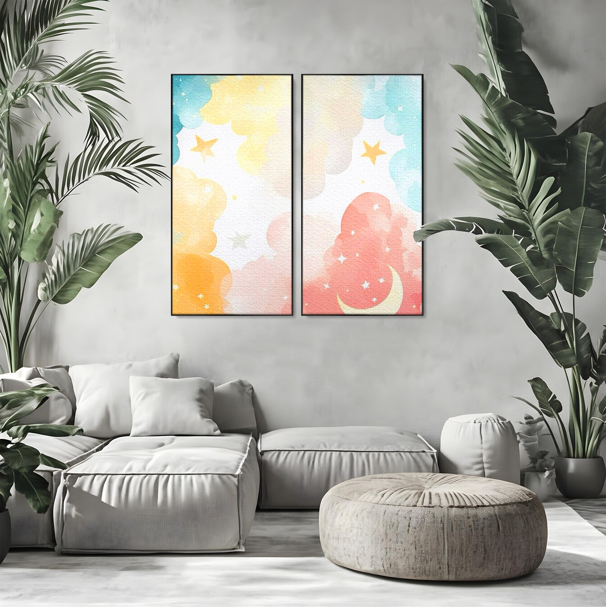 Set 2 Tablouri Canvas Premium LuxCanva® K2-1040, Norii Care Canta Stele, Somn, Usor, Vise, Pastel, Cer, Curcubeu, Ploaie, Pufos, Magie, Luna, Fantezie, Taram, Basm, Frumusete, Camera Copil, Dormitor