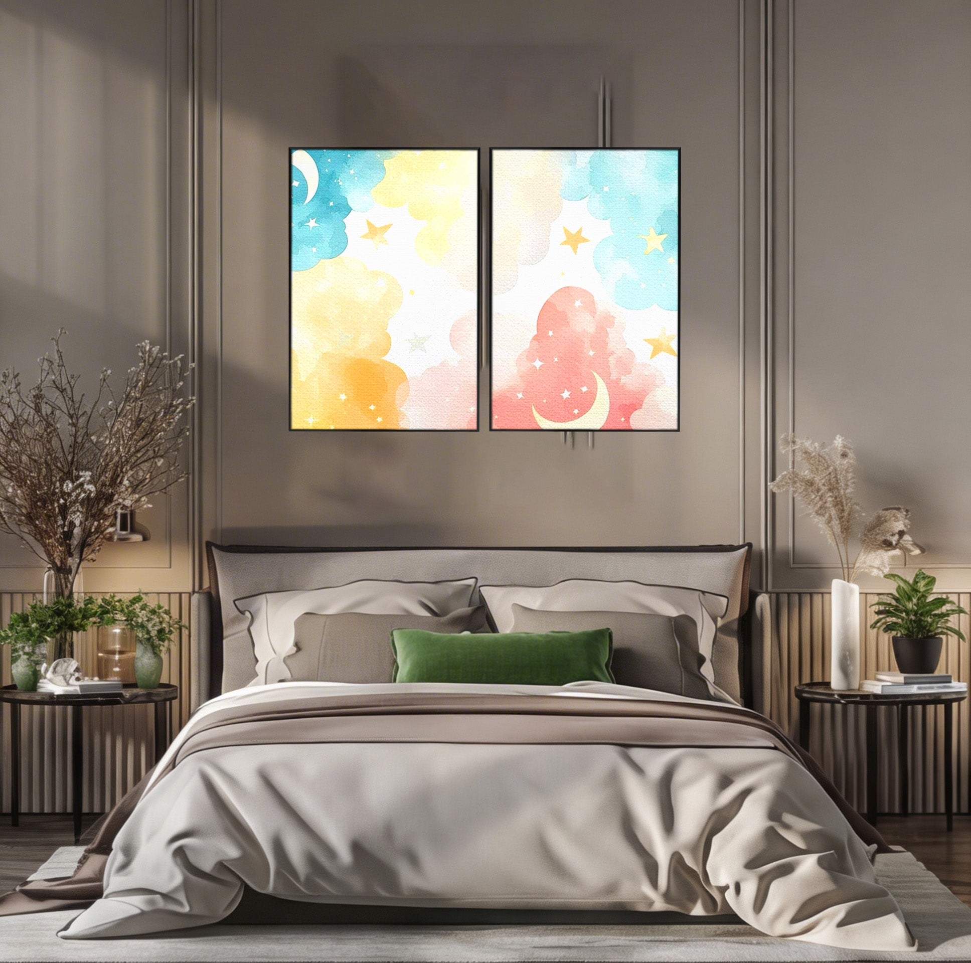 Set 2 Tablouri Canvas Premium LuxCanva® K2-1040, Norii Care Canta Stele, Somn, Usor, Vise, Pastel, Cer, Curcubeu, Ploaie, Pufos, Magie, Luna, Fantezie, Taram, Basm, Frumusete, Camera Copil, Dormitor