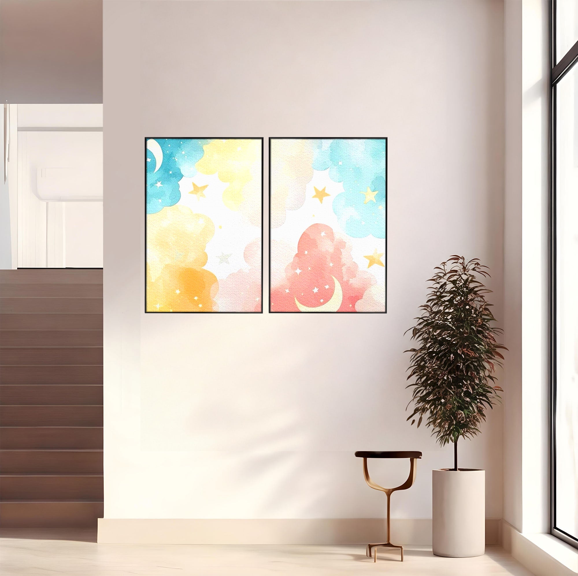 Set 2 Tablouri Canvas Premium LuxCanva® K2-1040, Norii Care Canta Stele, Somn, Usor, Vise, Pastel, Cer, Curcubeu, Ploaie, Pufos, Magie, Luna, Fantezie, Taram, Basm, Frumusete, Camera Copil, Dormitor