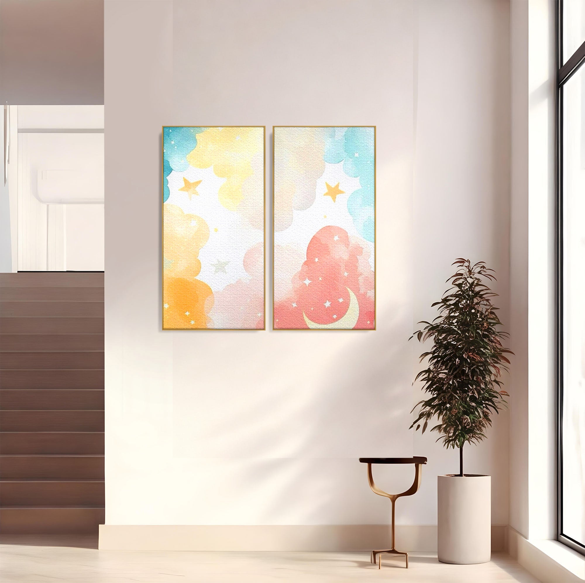 Set 2 Tablouri Canvas Premium LuxCanva® K2-1040, Norii Care Canta Stele, Somn, Usor, Vise, Pastel, Cer, Curcubeu, Ploaie, Pufos, Magie, Luna, Fantezie, Taram, Basm, Frumusete, Camera Copil, Dormitor