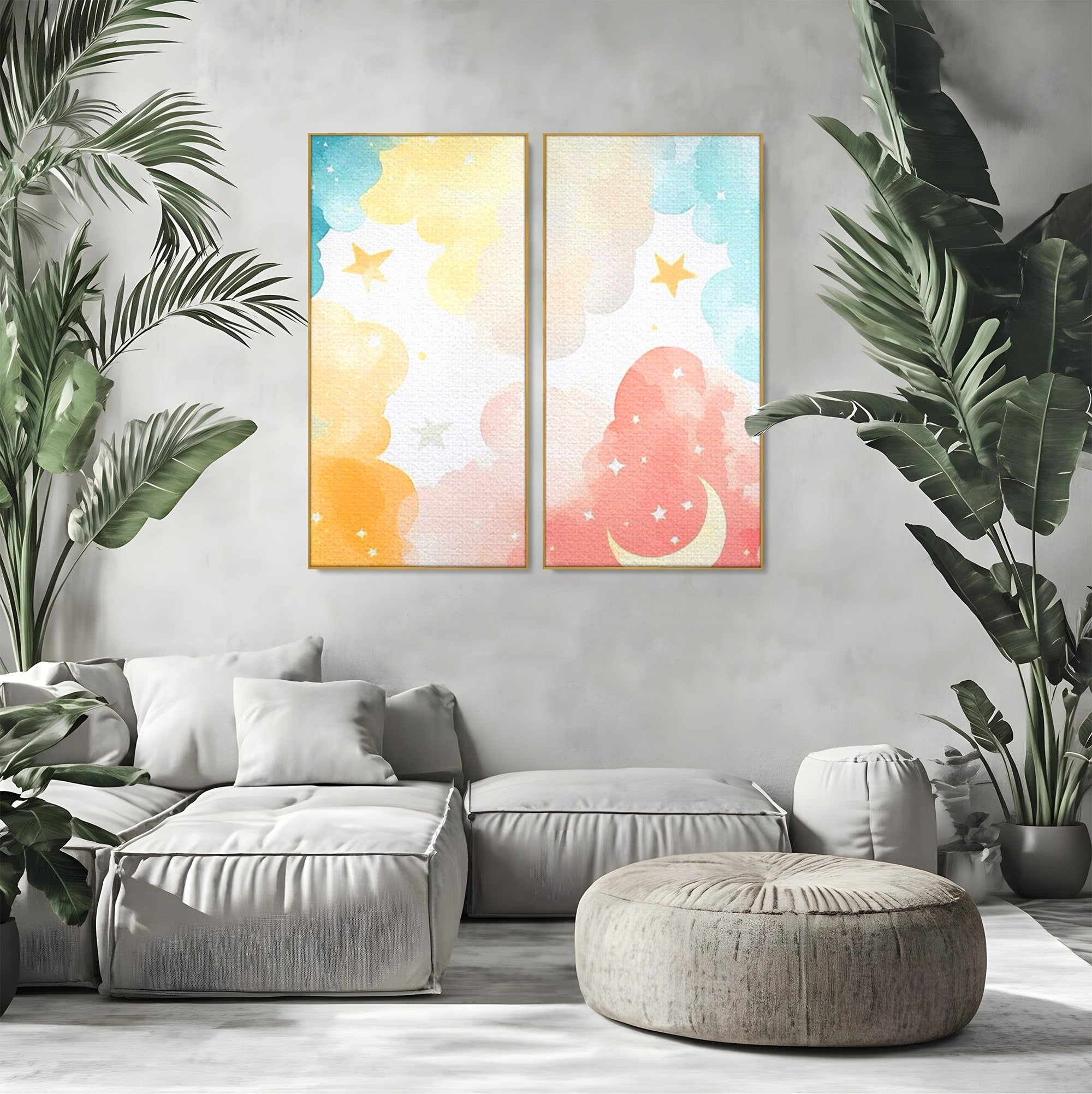Set 2 Tablouri Canvas Premium LuxCanva® K2-1040, Norii Care Canta Stele, Somn, Usor, Vise, Pastel, Cer, Curcubeu, Ploaie, Pufos, Magie, Luna, Fantezie, Taram, Basm, Frumusete, Camera Copil, Dormitor