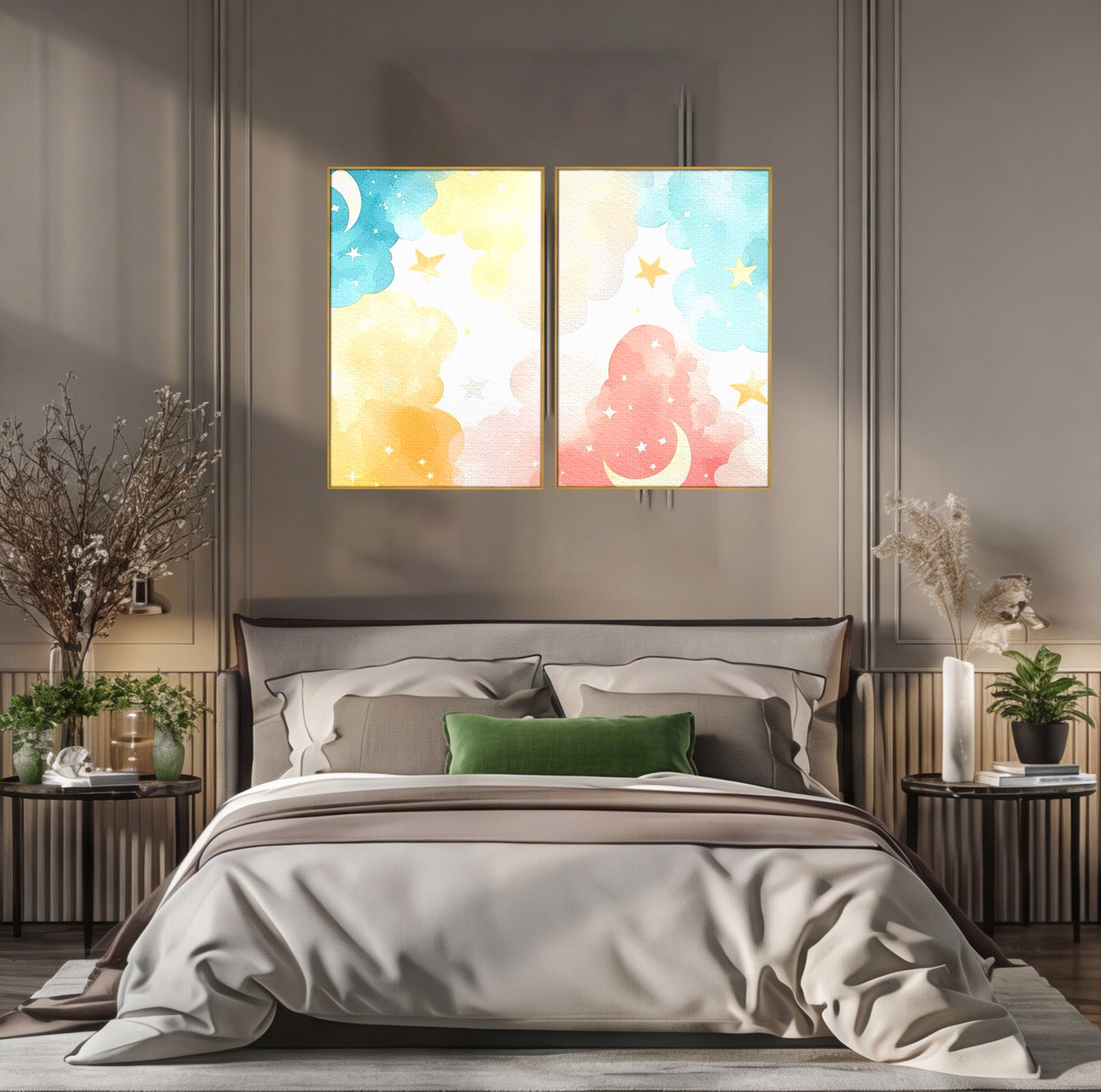 Set 2 Tablouri Canvas Premium LuxCanva® K2-1040, Norii Care Canta Stele, Somn, Usor, Vise, Pastel, Cer, Curcubeu, Ploaie, Pufos, Magie, Luna, Fantezie, Taram, Basm, Frumusete, Camera Copil, Dormitor