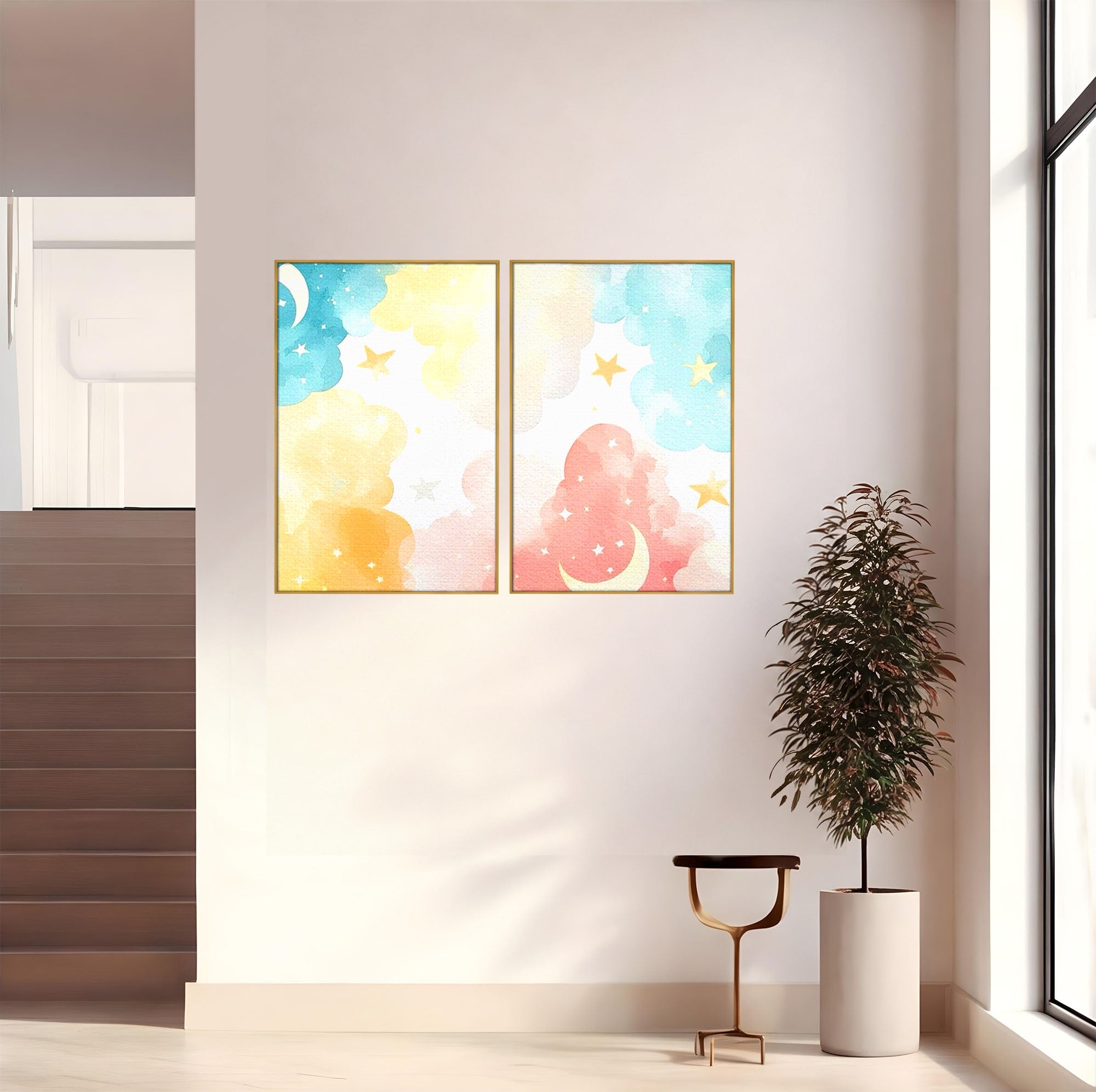 Set 2 Tablouri Canvas Premium LuxCanva® K2-1040, Norii Care Canta Stele, Somn, Usor, Vise, Pastel, Cer, Curcubeu, Ploaie, Pufos, Magie, Luna, Fantezie, Taram, Basm, Frumusete, Camera Copil, Dormitor
