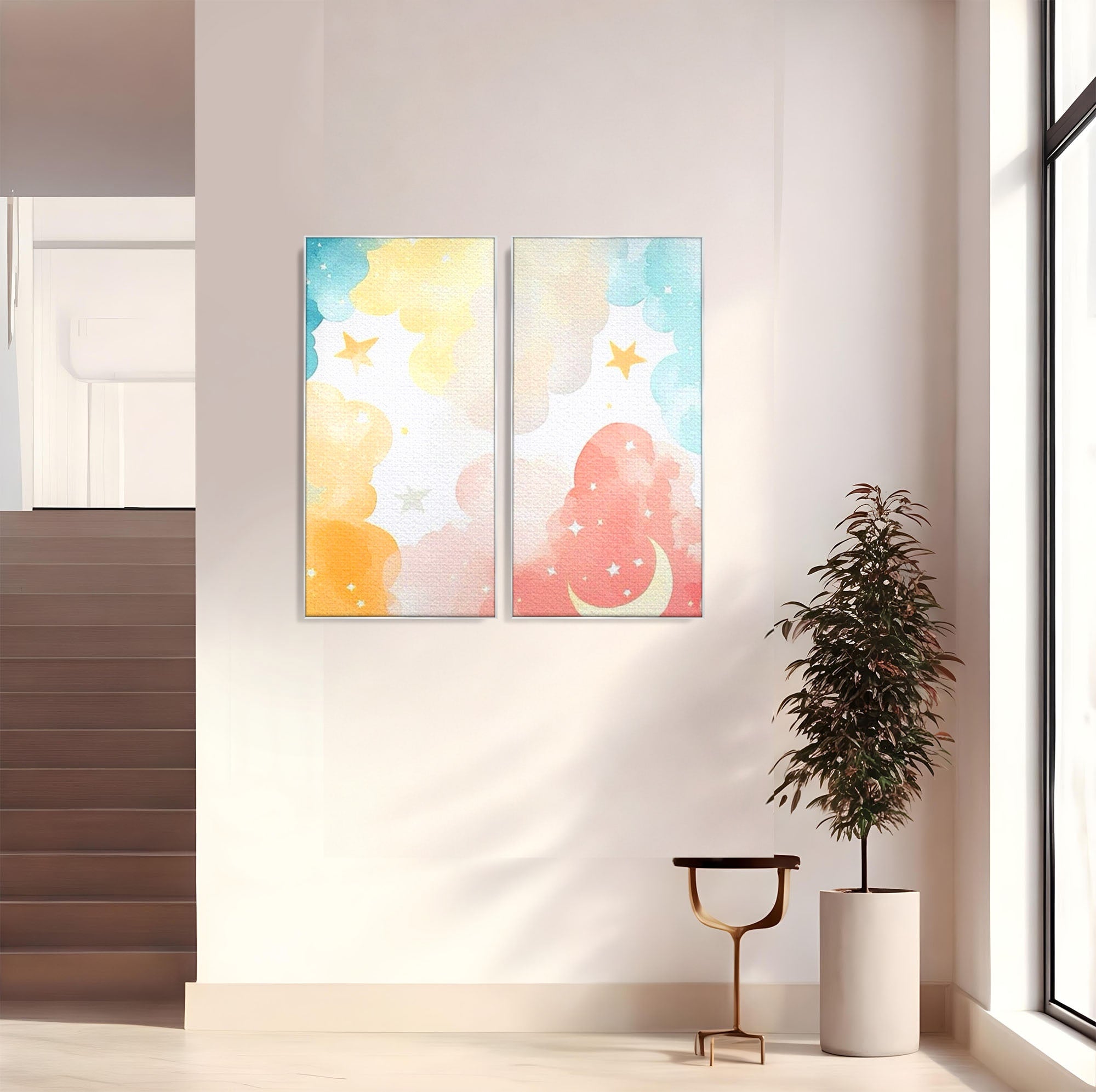 Set 2 Tablouri Canvas Premium LuxCanva® K2-1040, Norii Care Canta Stele, Somn, Usor, Vise, Pastel, Cer, Curcubeu, Ploaie, Pufos, Magie, Luna, Fantezie, Taram, Basm, Frumusete, Camera Copil, Dormitor