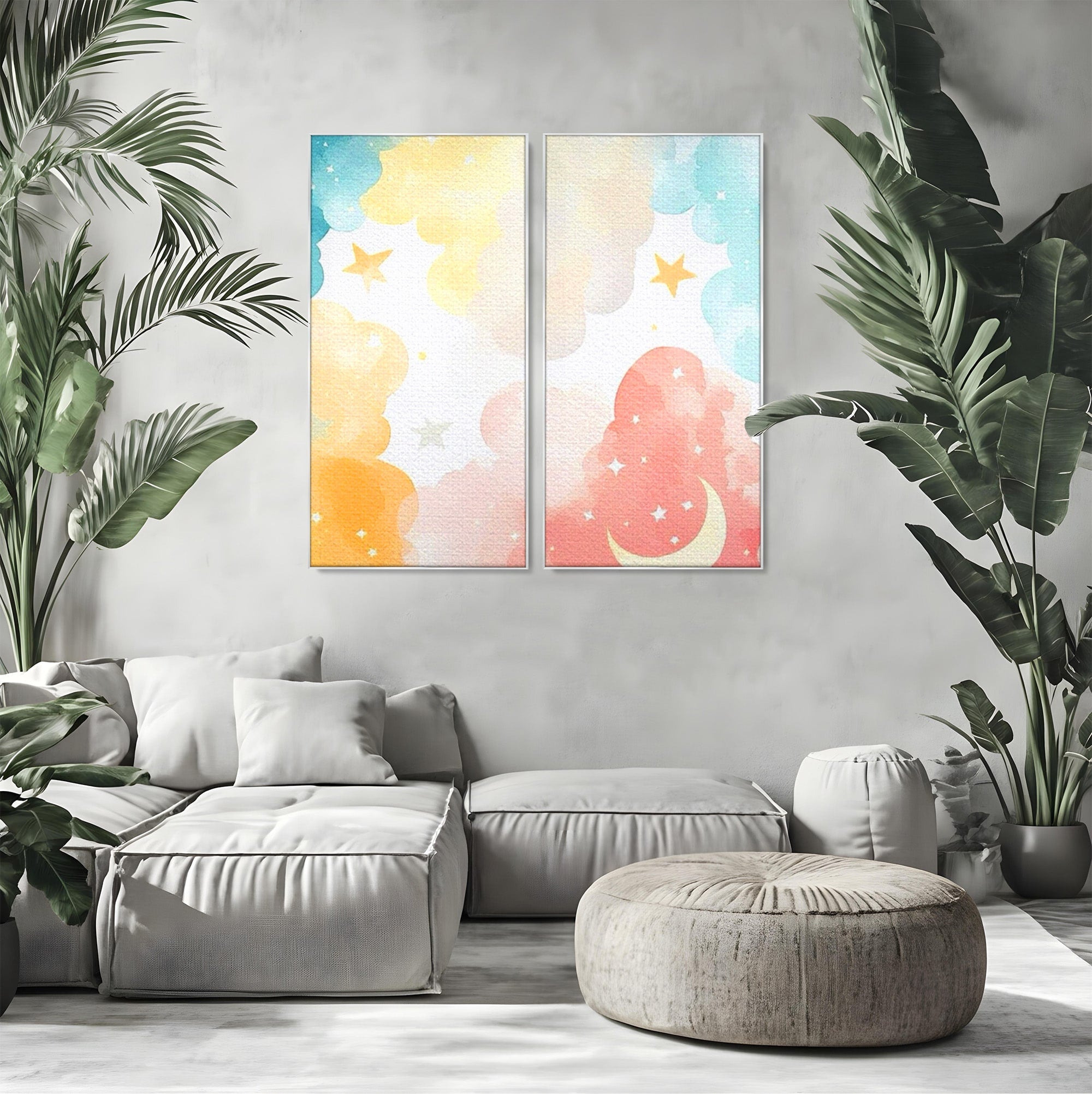 Set 2 Tablouri Canvas Premium LuxCanva® K2-1040, Norii Care Canta Stele, Somn, Usor, Vise, Pastel, Cer, Curcubeu, Ploaie, Pufos, Magie, Luna, Fantezie, Taram, Basm, Frumusete, Camera Copil, Dormitor