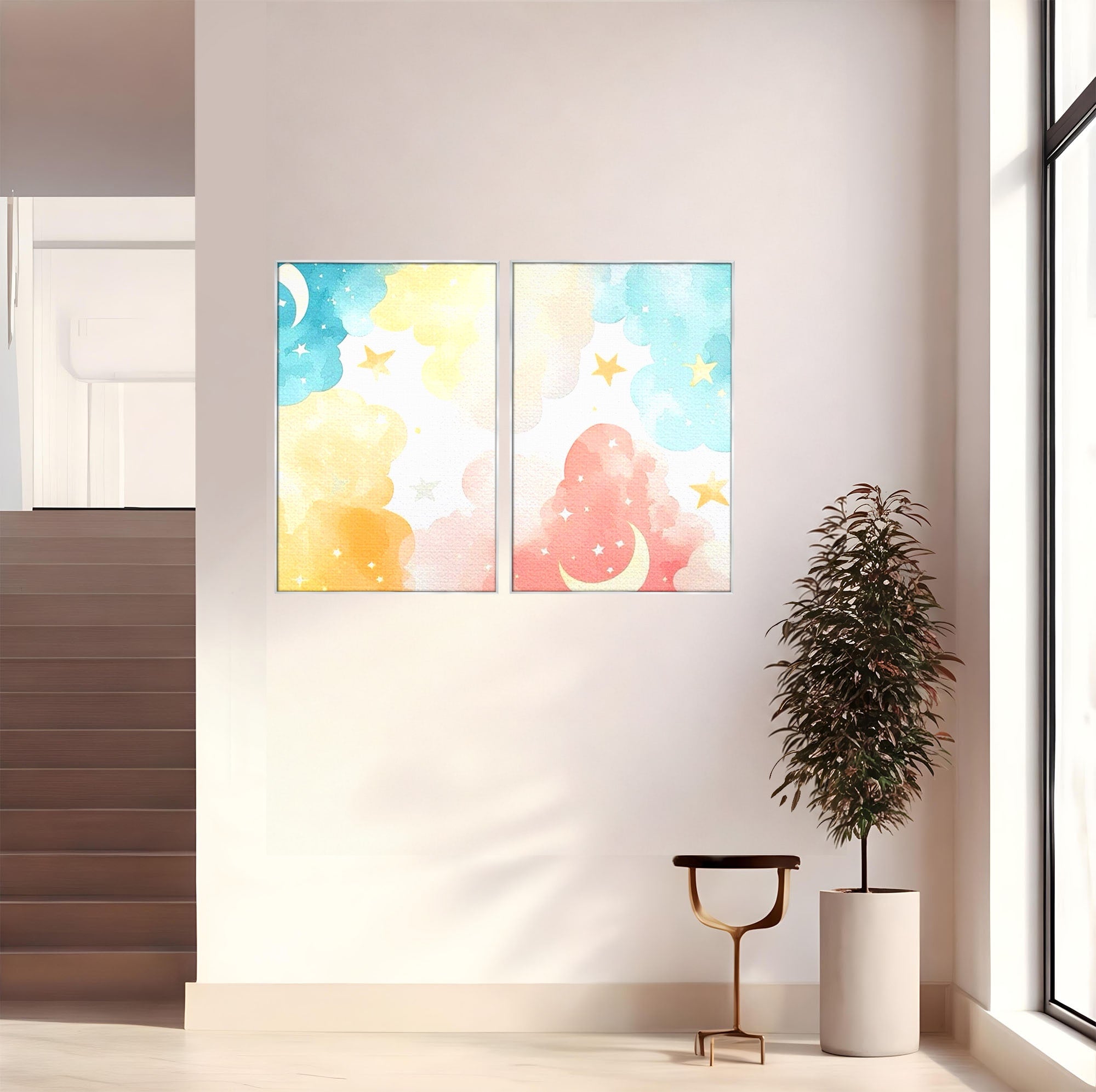 Set 2 Tablouri Canvas Premium LuxCanva® K2-1040, Norii Care Canta Stele, Somn, Usor, Vise, Pastel, Cer, Curcubeu, Ploaie, Pufos, Magie, Luna, Fantezie, Taram, Basm, Frumusete, Camera Copil, Dormitor