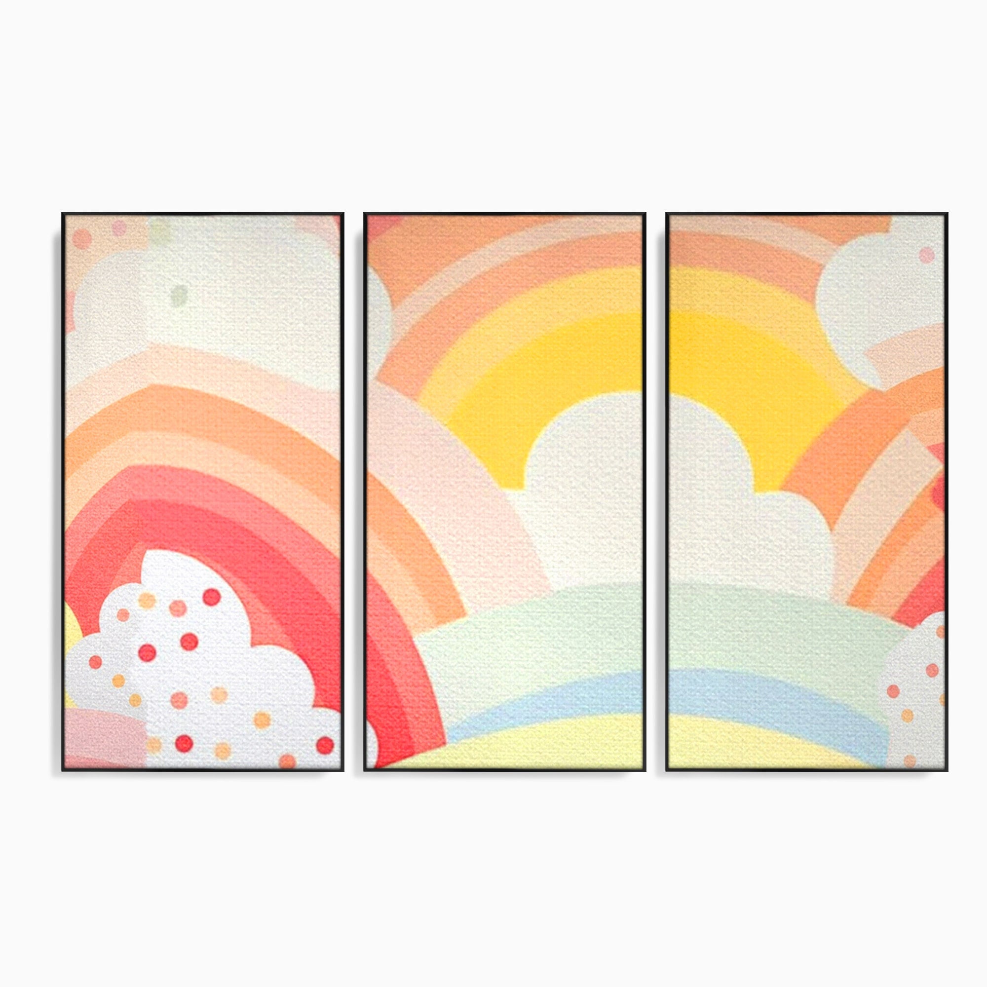 Set 3 Tablouri Canvas Premium LuxCanva® K3-1034, Zambetul Cerului, Pastel, Curcubeu, Nori, Pufosi, Energie, Blandete, Atmosfera, Copilarie, Cer, Poveste, Optimism, Fericire, Camera Copil, Dormitor