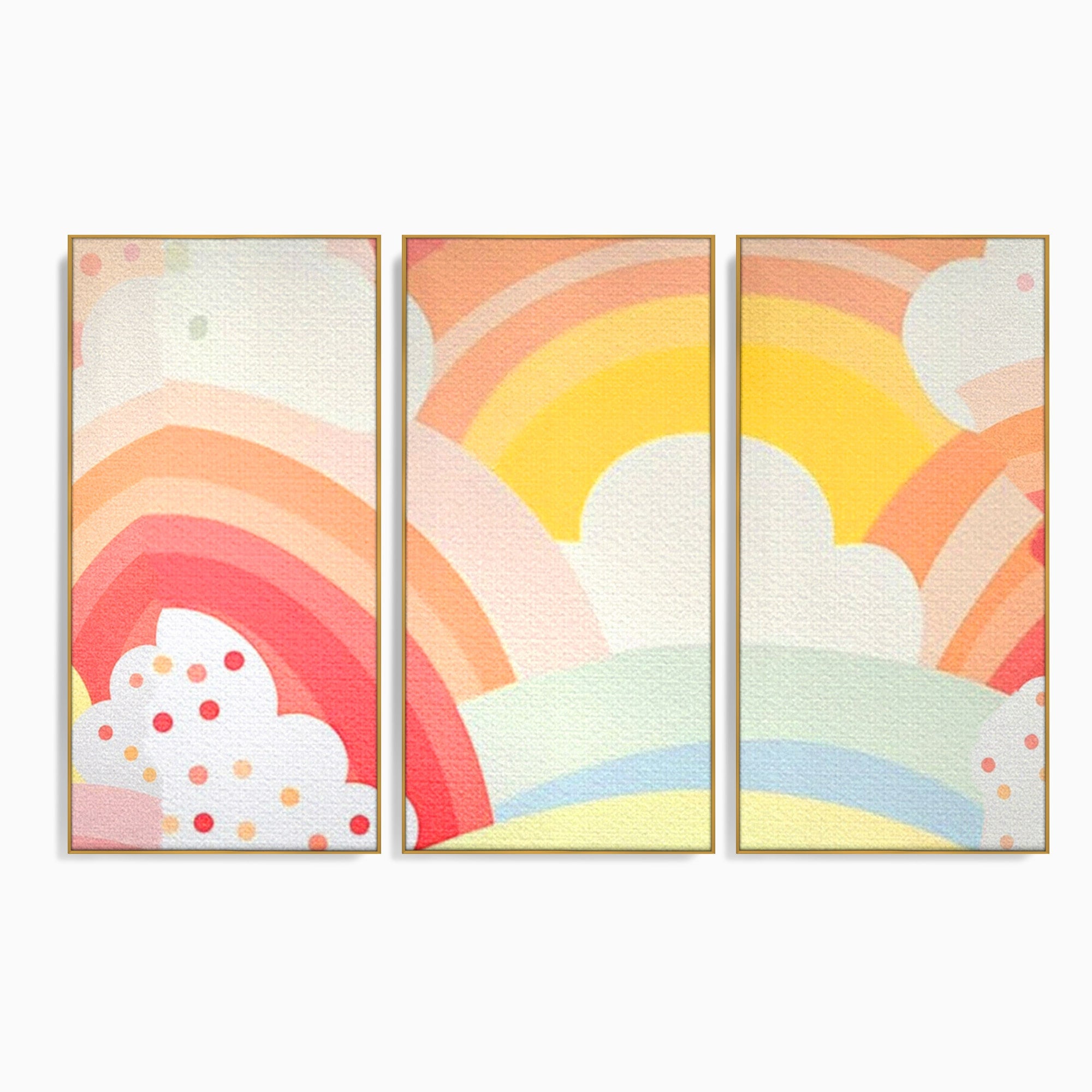 Set 3 Tablouri Canvas Premium LuxCanva® K3-1034, Zambetul Cerului, Pastel, Curcubeu, Nori, Pufosi, Energie, Blandete, Atmosfera, Copilarie, Cer, Poveste, Optimism, Fericire, Camera Copil, Dormitor