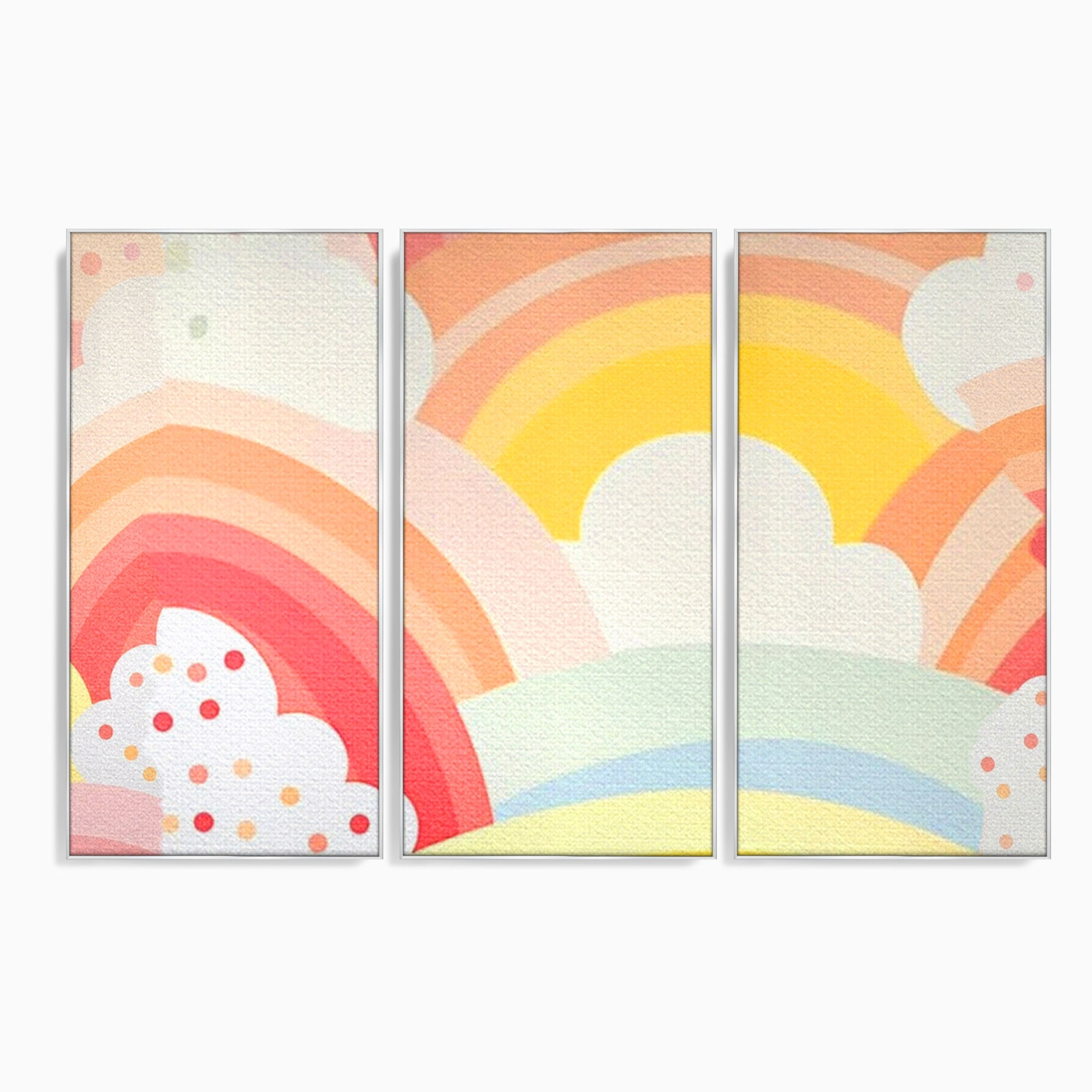 Set 3 Tablouri Canvas Premium LuxCanva® K3-1034, Zambetul Cerului, Pastel, Curcubeu, Nori, Pufosi, Energie, Blandete, Atmosfera, Copilarie, Cer, Poveste, Optimism, Fericire, Camera Copil, Dormitor