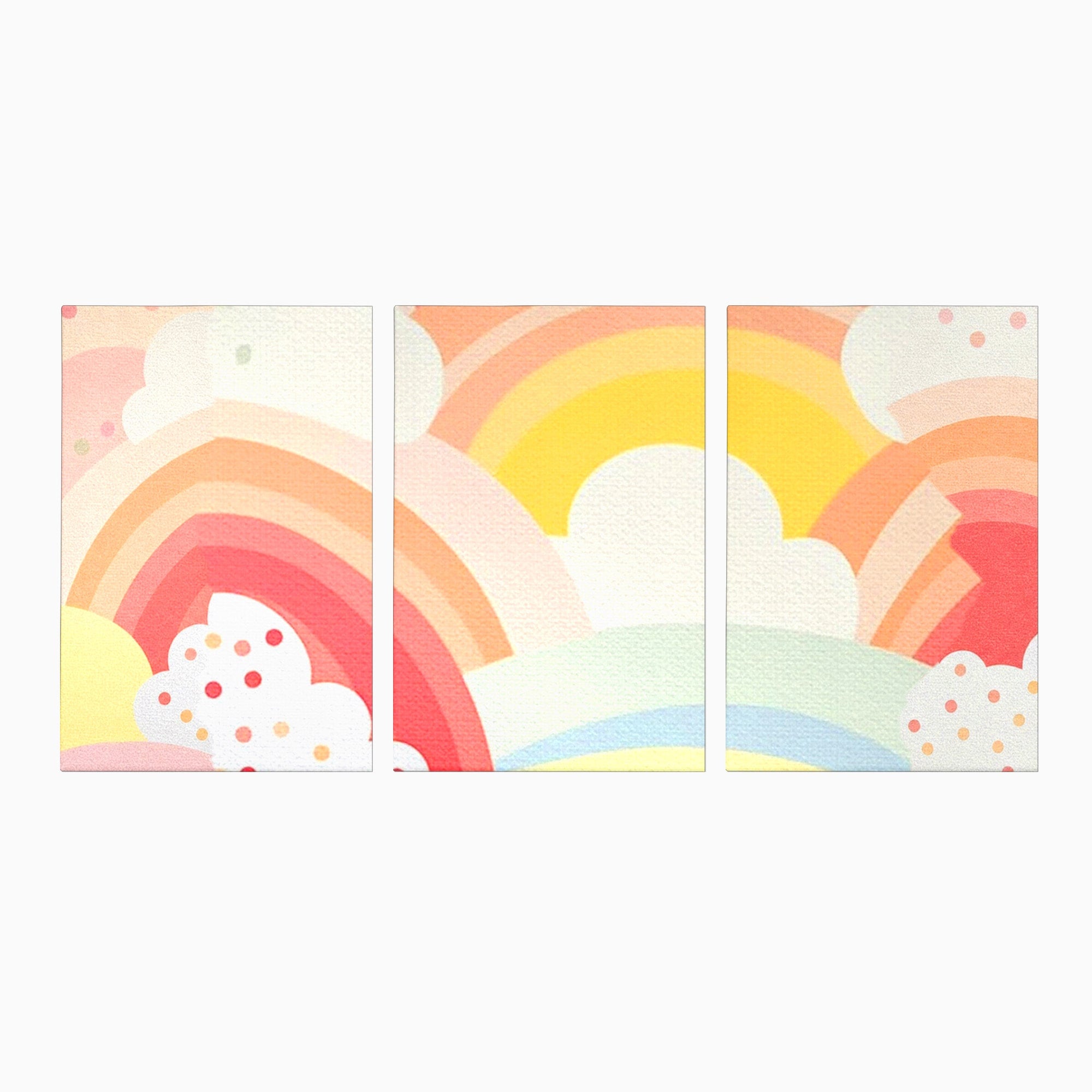 Set 3 Tablouri Canvas Premium LuxCanva® K3-1034, Zambetul Cerului, Pastel, Curcubeu, Nori, Pufosi, Energie, Blandete, Atmosfera, Copilarie, Cer, Poveste, Optimism, Fericire, Camera Copil, Dormitor