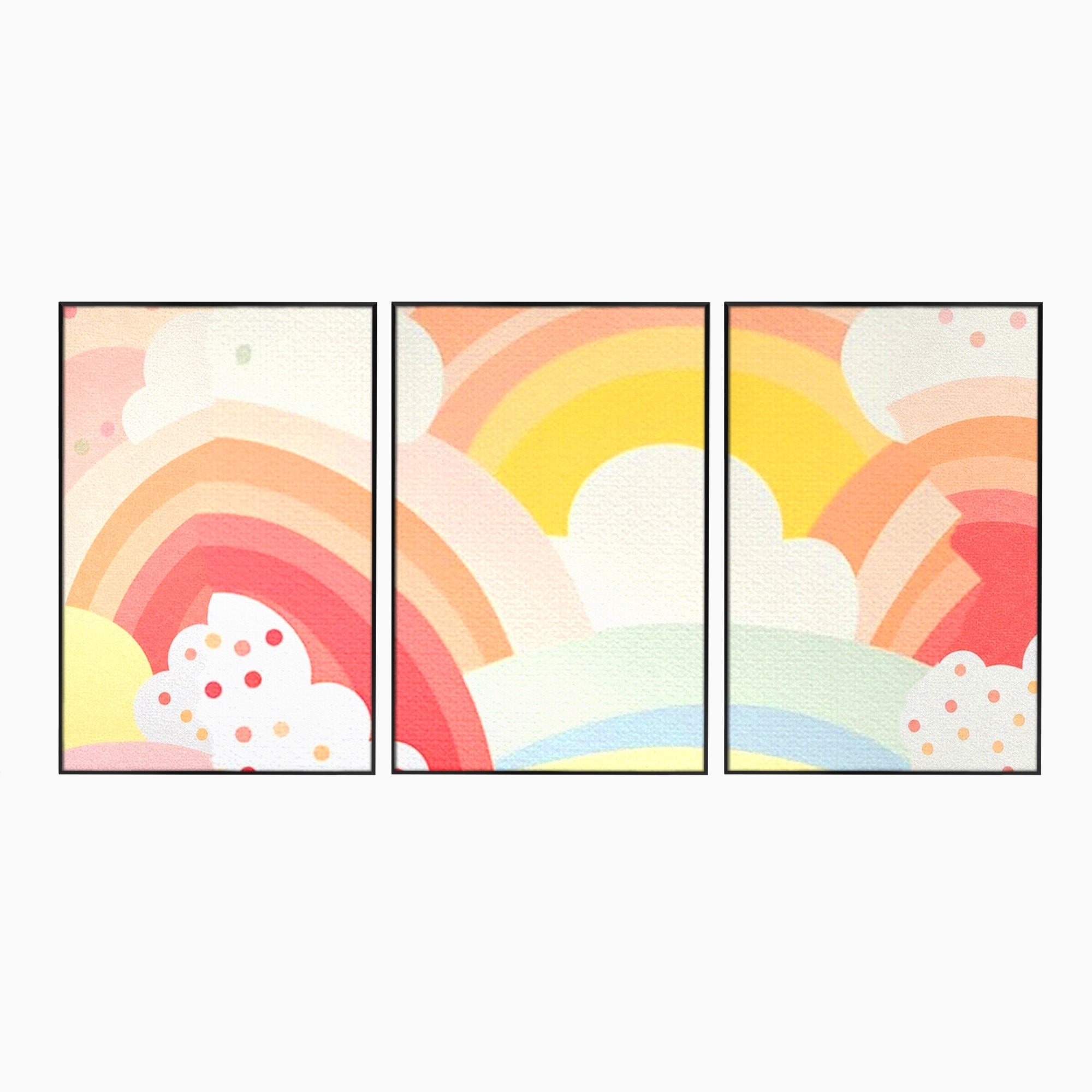 Set 3 Tablouri Canvas Premium LuxCanva® K3-1034, Zambetul Cerului, Pastel, Curcubeu, Nori, Pufosi, Energie, Blandete, Atmosfera, Copilarie, Cer, Poveste, Optimism, Fericire, Camera Copil, Dormitor