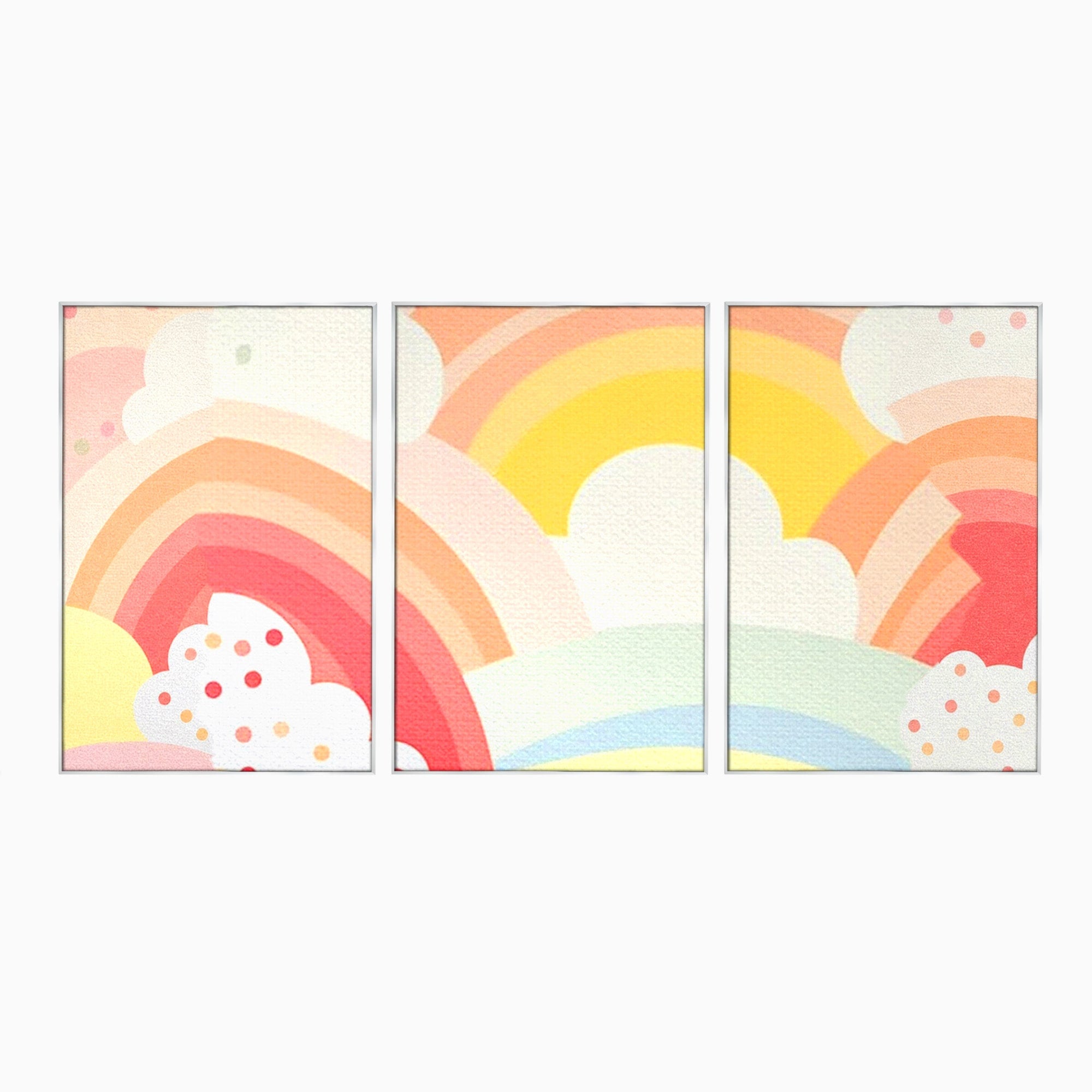 Set 3 Tablouri Canvas Premium LuxCanva® K3-1034, Zambetul Cerului, Pastel, Curcubeu, Nori, Pufosi, Energie, Blandete, Atmosfera, Copilarie, Cer, Poveste, Optimism, Fericire, Camera Copil, Dormitor
