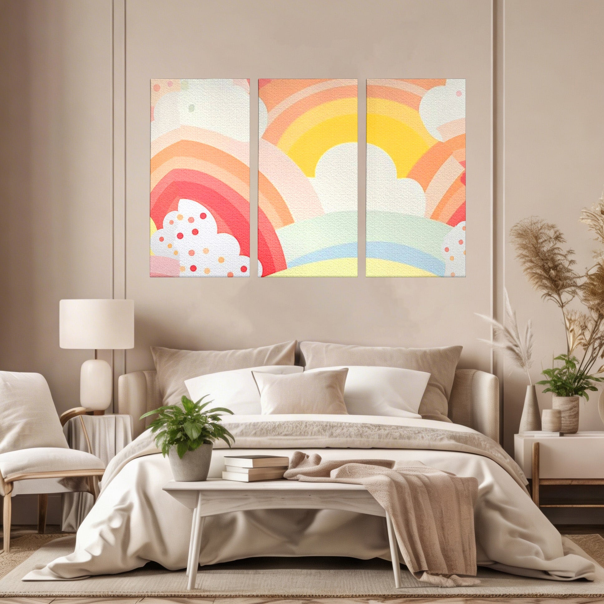 Set 3 Tablouri Canvas Premium LuxCanva® K3-1034, Zambetul Cerului, Pastel, Curcubeu, Nori, Pufosi, Energie, Blandete, Atmosfera, Copilarie, Cer, Poveste, Optimism, Fericire, Camera Copil, Dormitor
