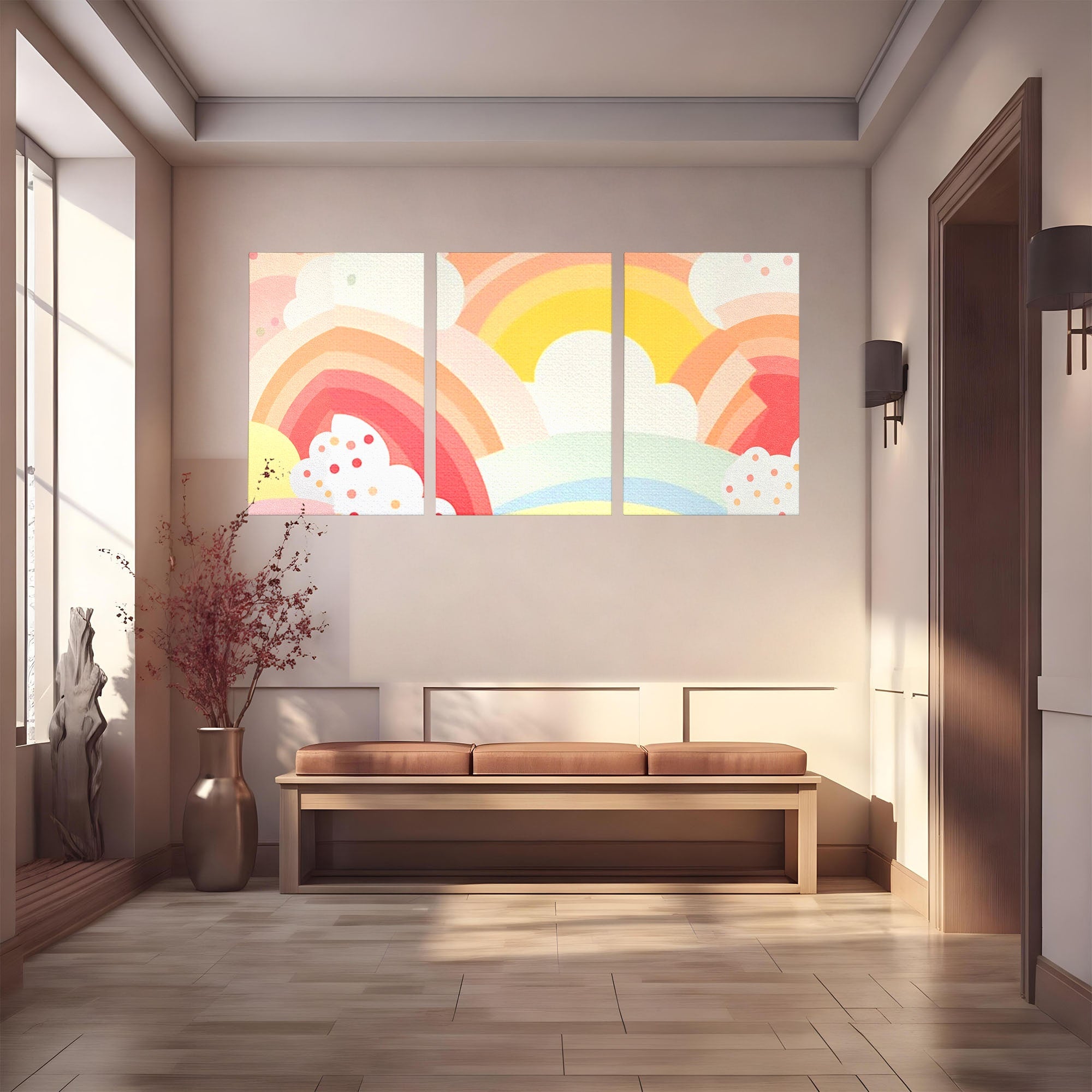 Set 3 Tablouri Canvas Premium LuxCanva® K3-1034, Zambetul Cerului, Pastel, Curcubeu, Nori, Pufosi, Energie, Blandete, Atmosfera, Copilarie, Cer, Poveste, Optimism, Fericire, Camera Copil, Dormitor