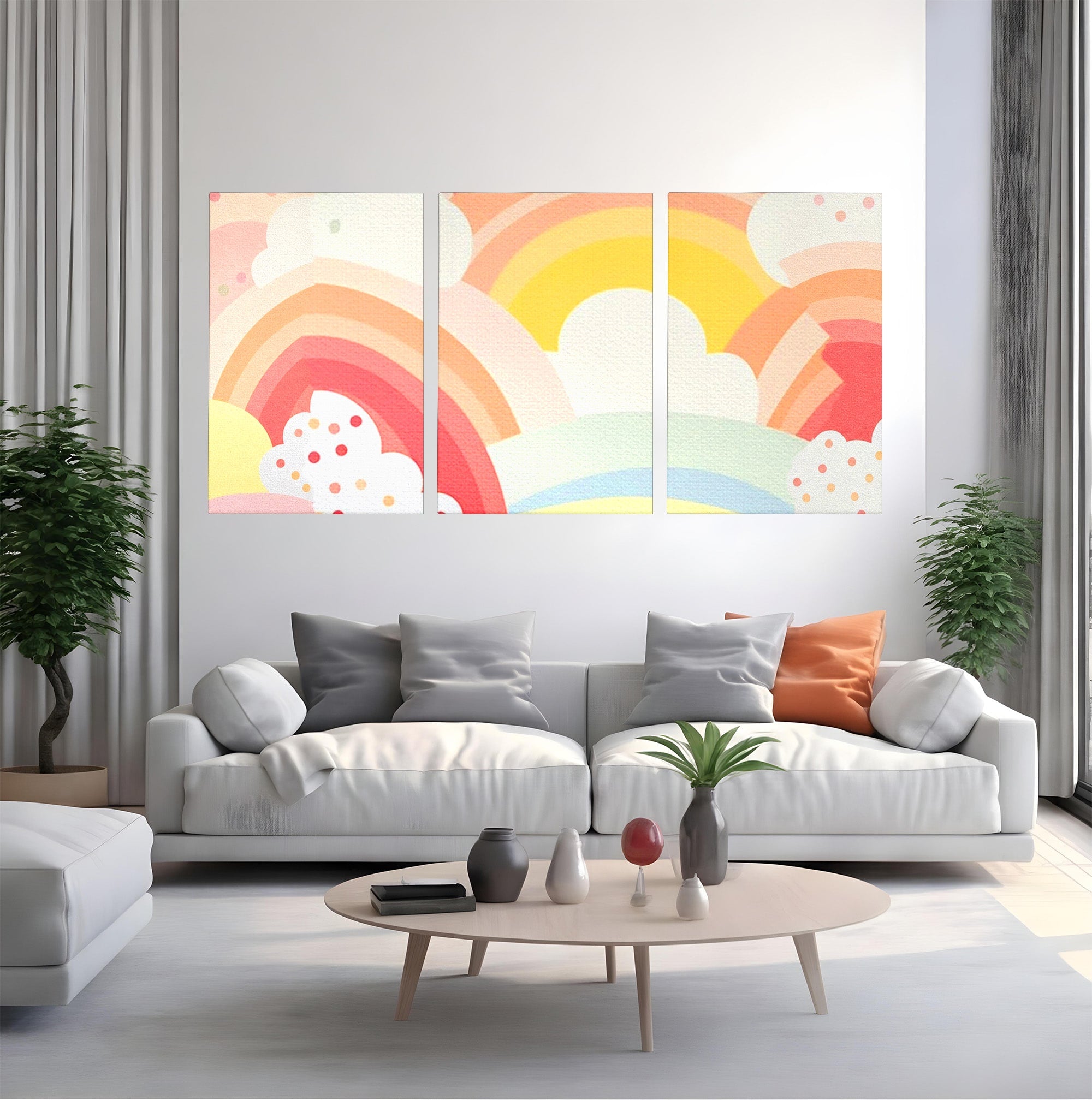 Set 3 Tablouri Canvas Premium LuxCanva® K3-1034, Zambetul Cerului, Pastel, Curcubeu, Nori, Pufosi, Energie, Blandete, Atmosfera, Copilarie, Cer, Poveste, Optimism, Fericire, Camera Copil, Dormitor