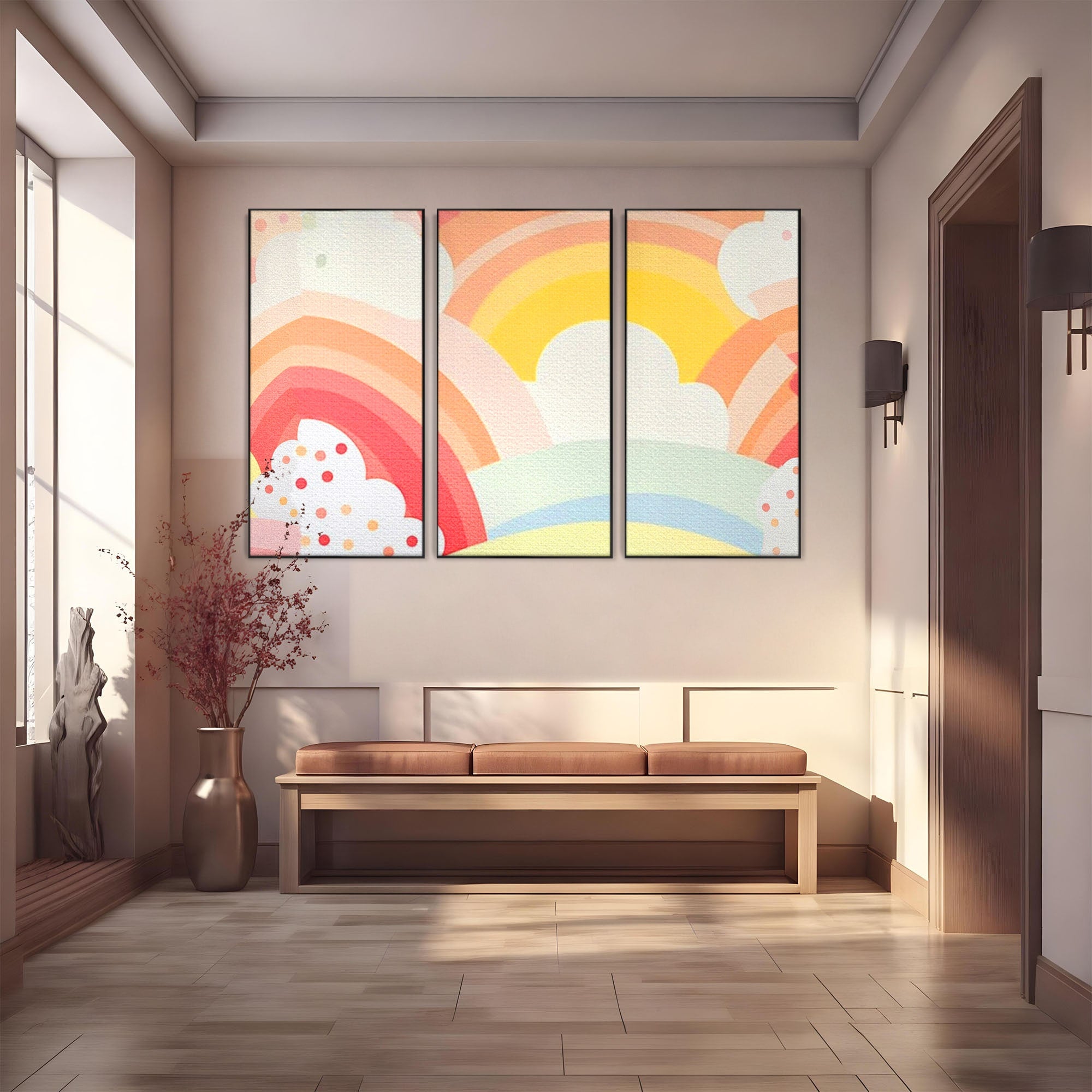 Set 3 Tablouri Canvas Premium LuxCanva® K3-1034, Zambetul Cerului, Pastel, Curcubeu, Nori, Pufosi, Energie, Blandete, Atmosfera, Copilarie, Cer, Poveste, Optimism, Fericire, Camera Copil, Dormitor