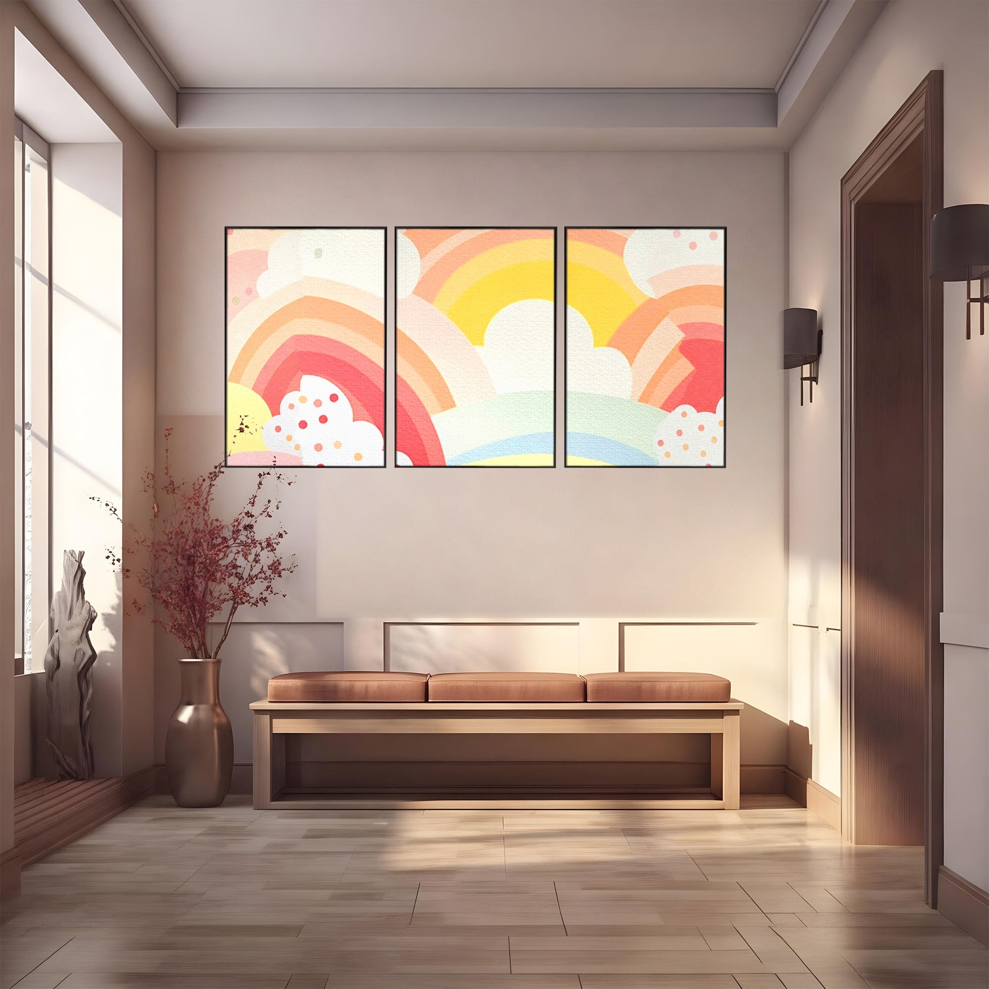 Set 3 Tablouri Canvas Premium LuxCanva® K3-1034, Zambetul Cerului, Pastel, Curcubeu, Nori, Pufosi, Energie, Blandete, Atmosfera, Copilarie, Cer, Poveste, Optimism, Fericire, Camera Copil, Dormitor