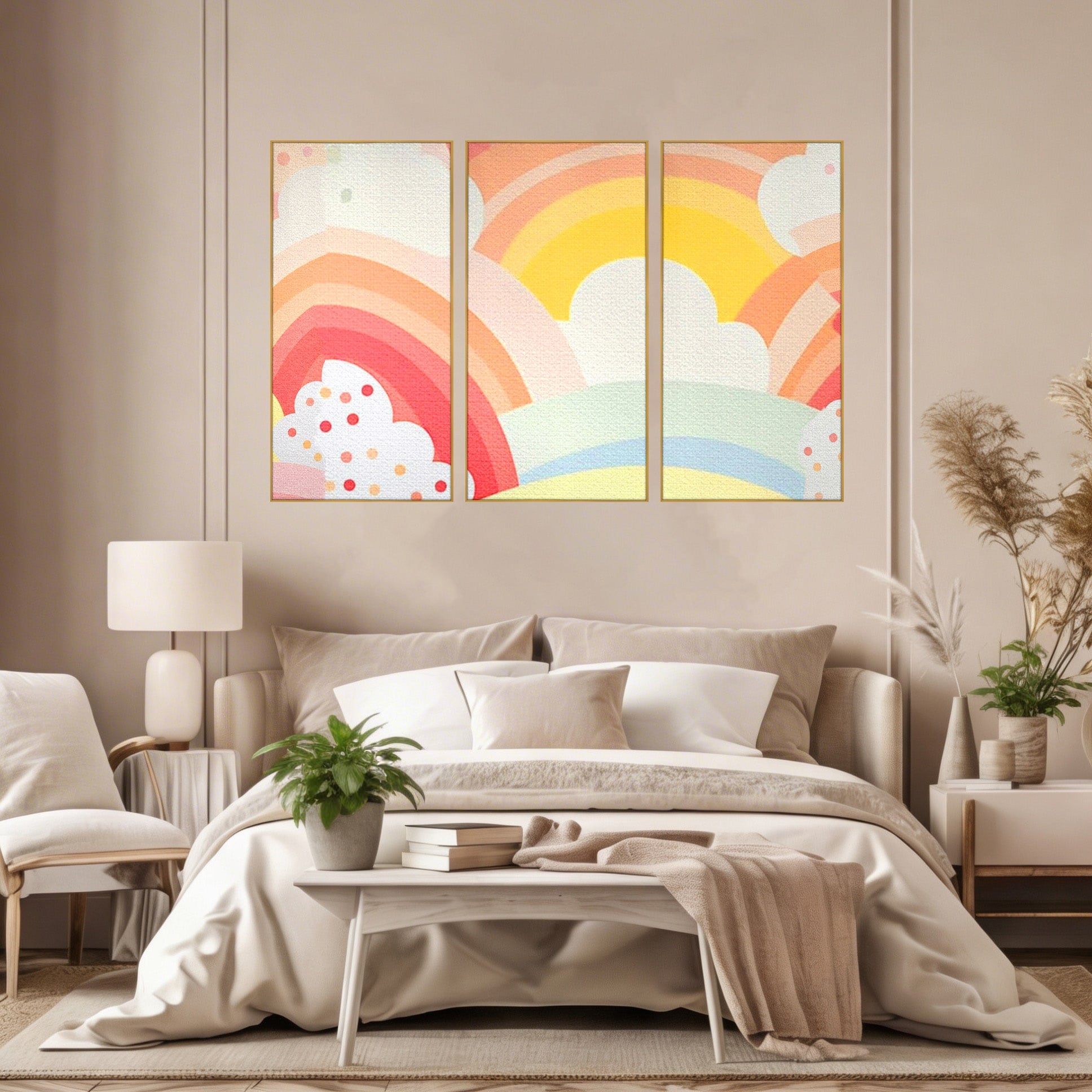Set 3 Tablouri Canvas Premium LuxCanva® K3-1034, Zambetul Cerului, Pastel, Curcubeu, Nori, Pufosi, Energie, Blandete, Atmosfera, Copilarie, Cer, Poveste, Optimism, Fericire, Camera Copil, Dormitor