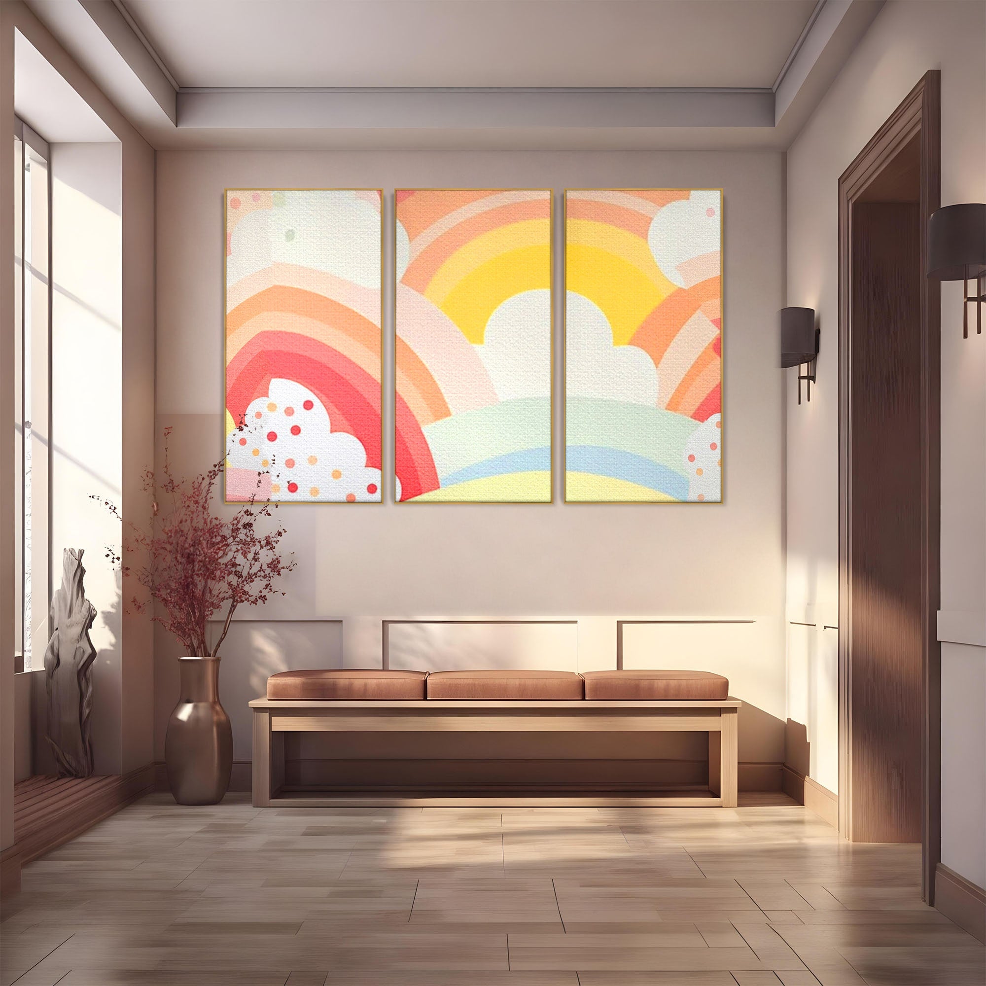 Set 3 Tablouri Canvas Premium LuxCanva® K3-1034, Zambetul Cerului, Pastel, Curcubeu, Nori, Pufosi, Energie, Blandete, Atmosfera, Copilarie, Cer, Poveste, Optimism, Fericire, Camera Copil, Dormitor